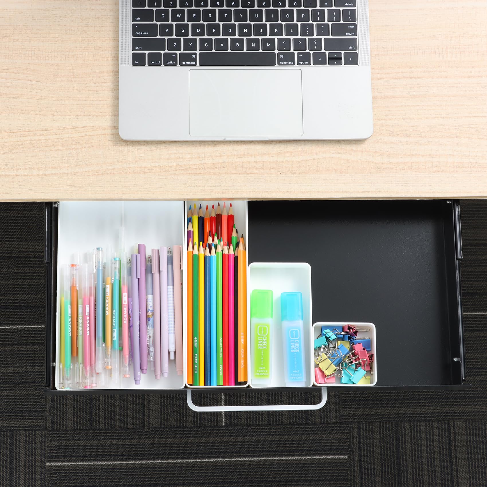 Organizer per cassetti sotto la scrivania, 54 cm, con 4 divisori in plastica, cassetto scorrevole estraibile, per casa, ufficio, tavolo da lavoro, accessori da scrivania, nero