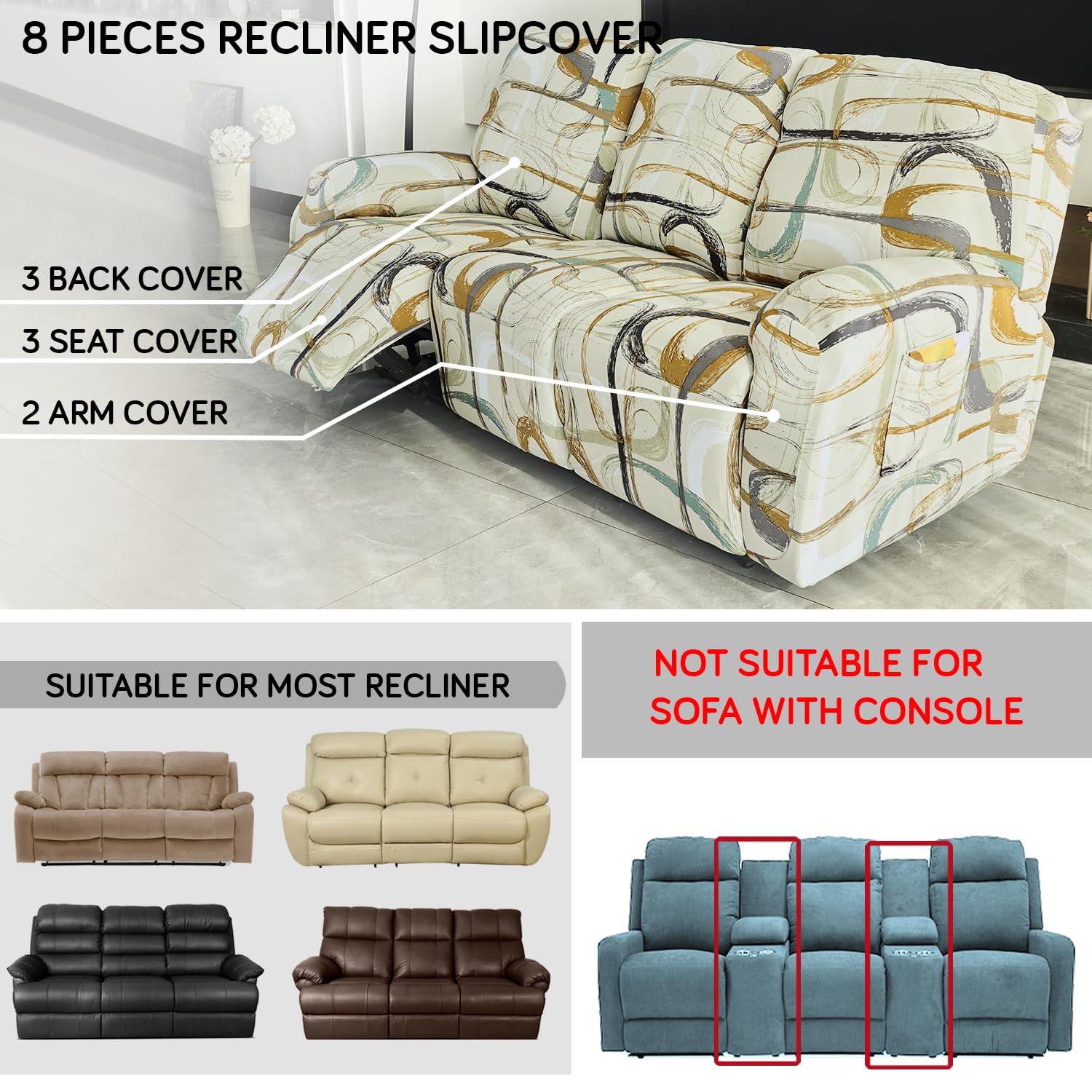 HOKIPO 'Elira Series' Polyester Blend 140Gsm Stretchable Recliner Sofa Cover 3 Seater, Parchement Beige Abstract Art (Ar-4942-C6) 1