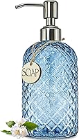 JASAI 18Oz Gem Patterned Glass Soap Dispenser for Kitchen and Bathroom, Refillable with Rust Proof Stainless Steel Pump (Blue)