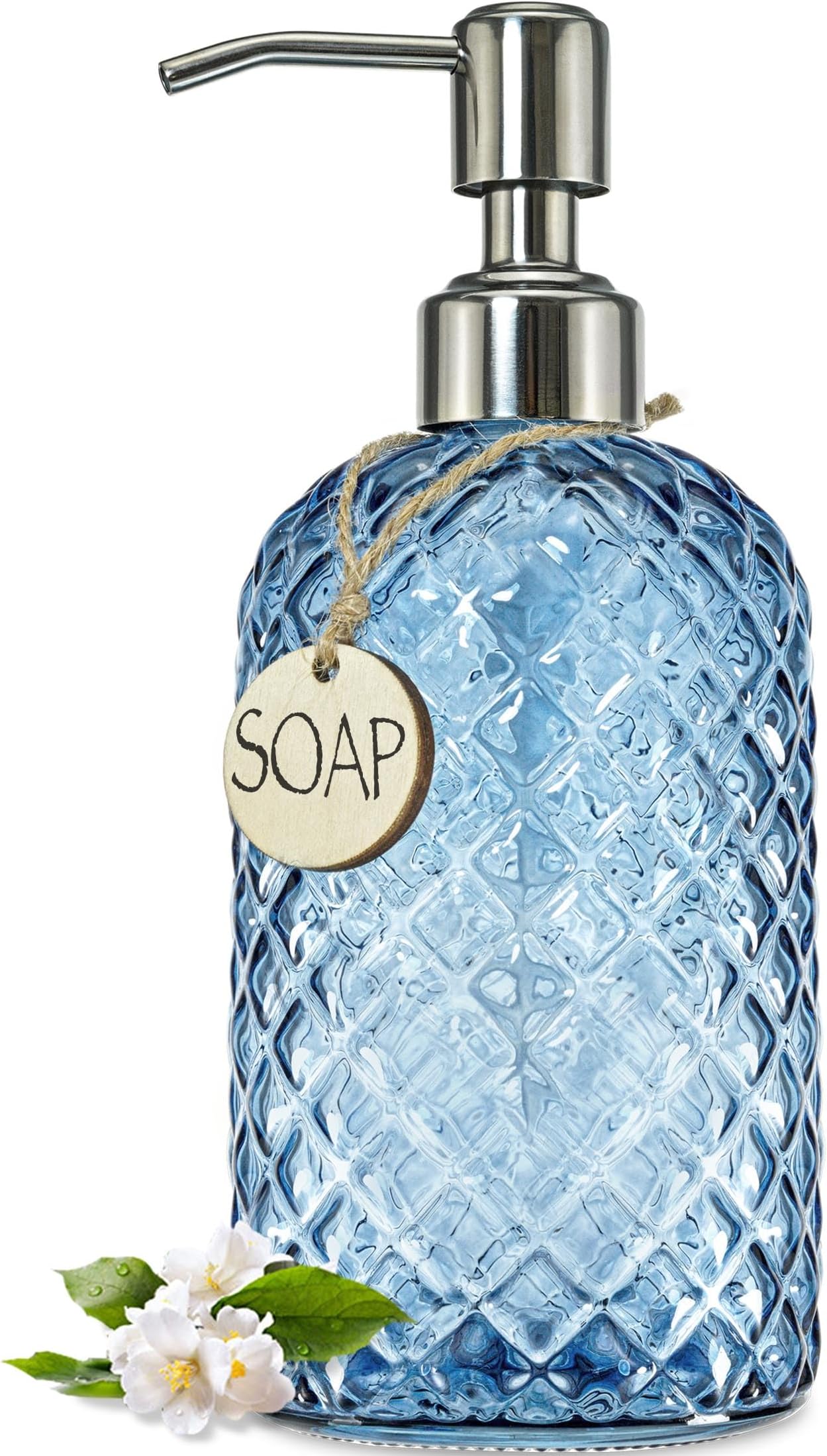 JASAI 18Oz Gem Patterned Glass Soap Dispenser for Kitchen and Bathroom, Refillable with Rust Proof Stainless Steel Pump (Blue)
