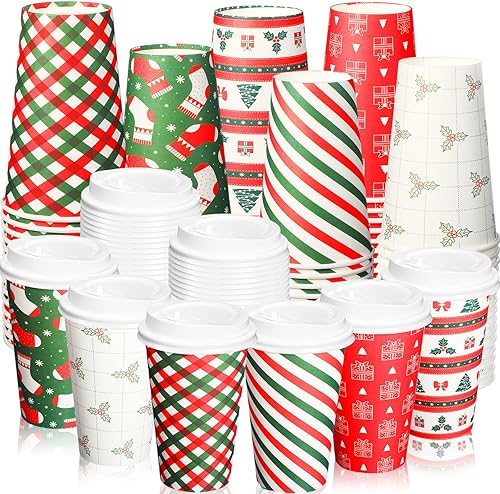 Miniatura 3 de Yaomiao Paquete de 90 tazas de café de Navidad de 16 onzas con tapas, vasos de papel de Navidad desechables a granel para bebidas de chocolate