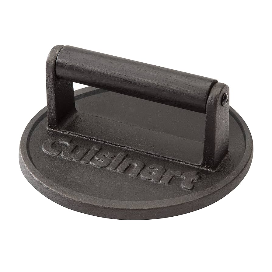Cuisinart 6.5" Cast Iron Smashed Burger Press, Round Flat Edge Grill Press for Crispy Smash Burgers, Burger Tool for Grill and Griddle Accessories, for BBQs and Tailgates