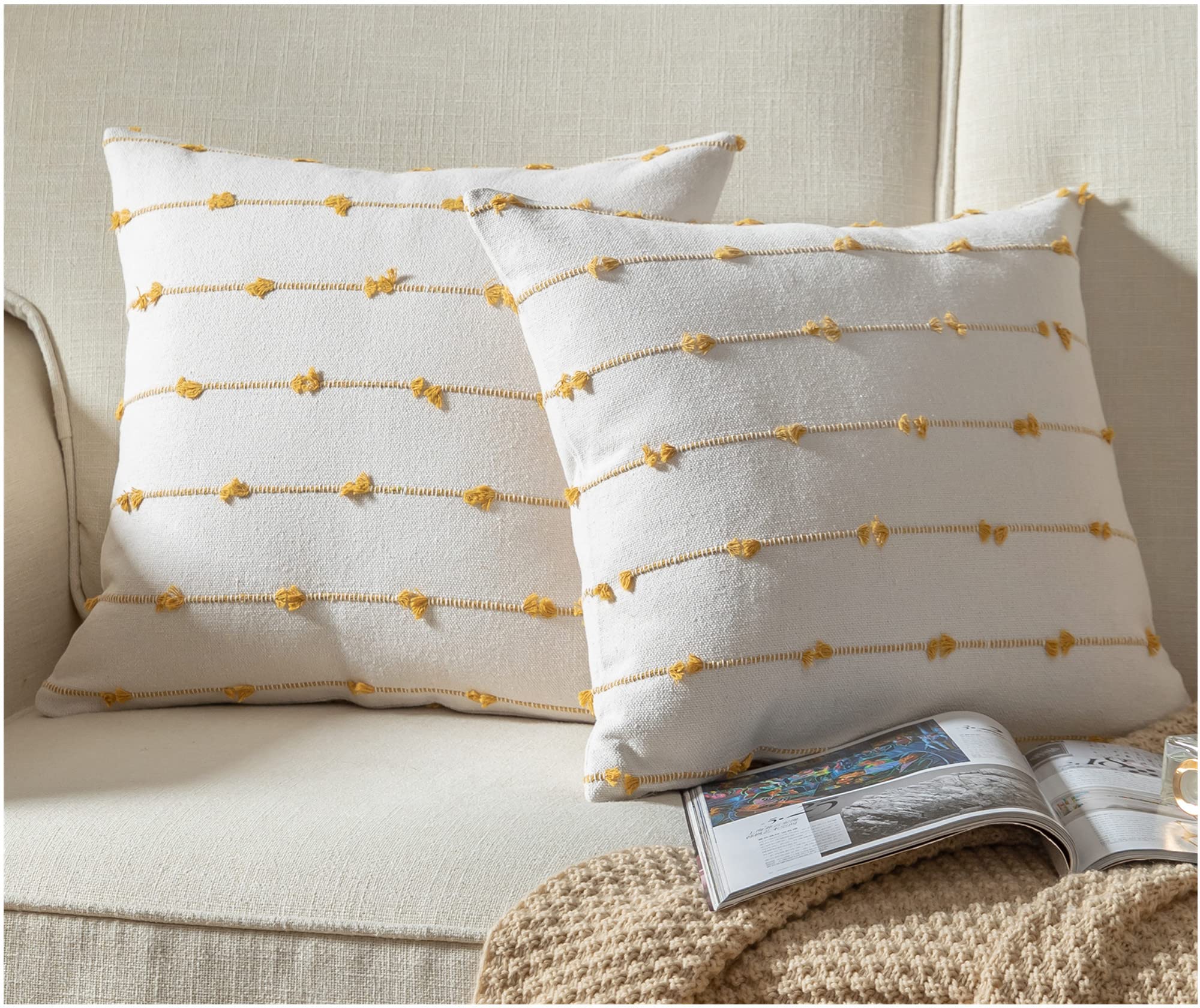 Caflife Boho Throw Pillow Covers 20x20 inches Beige and Yellow, Set of 2 Modern Farmhouse Decorative Pillow Covers for Couch Bed, Living Room