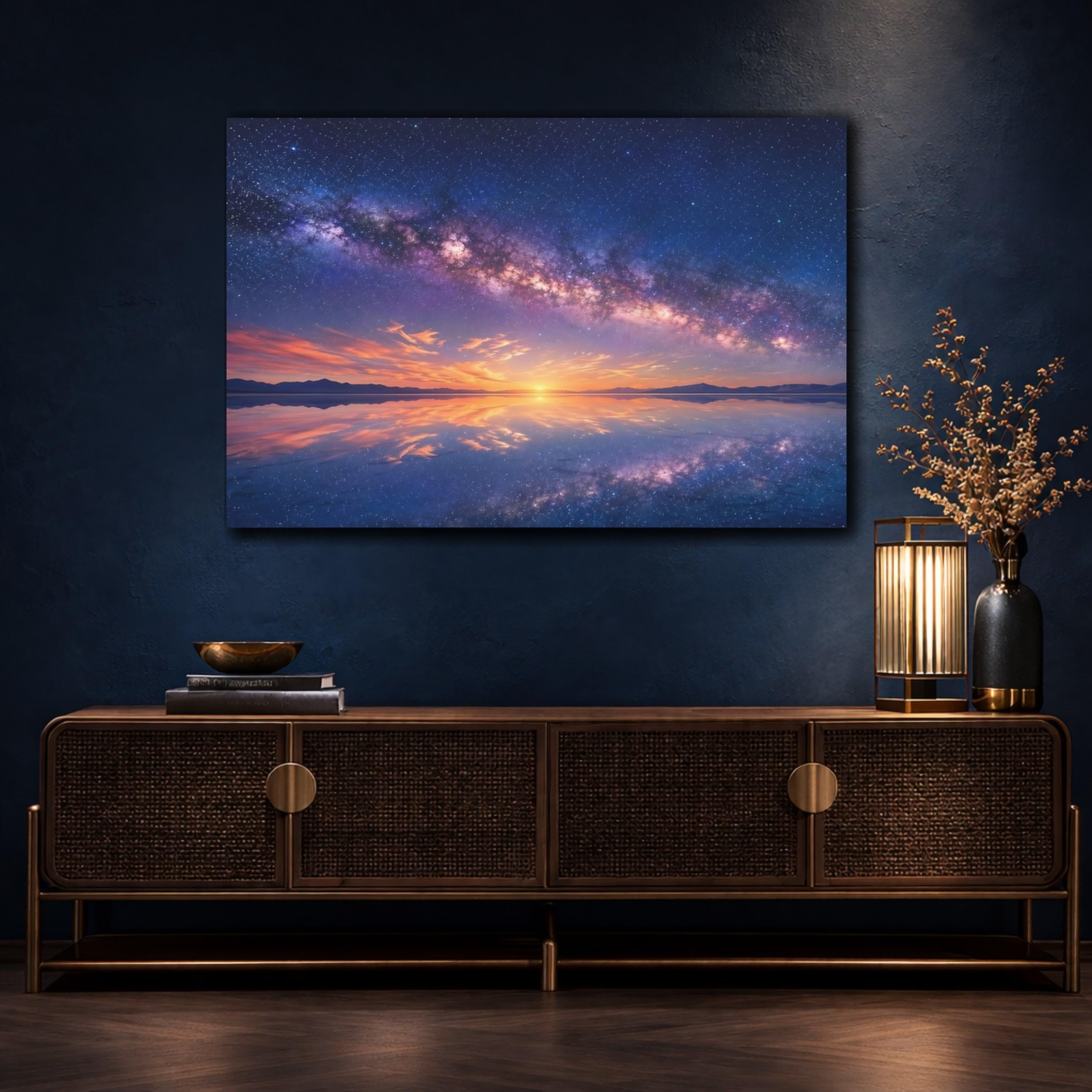 Nature Milky Way Reflection Canvas Wall Art Print – Photorealistic Living Room, Above Fireplace 24×16 inch (60×40 cm) - Horizontal / 1.25 inch (3 cm)