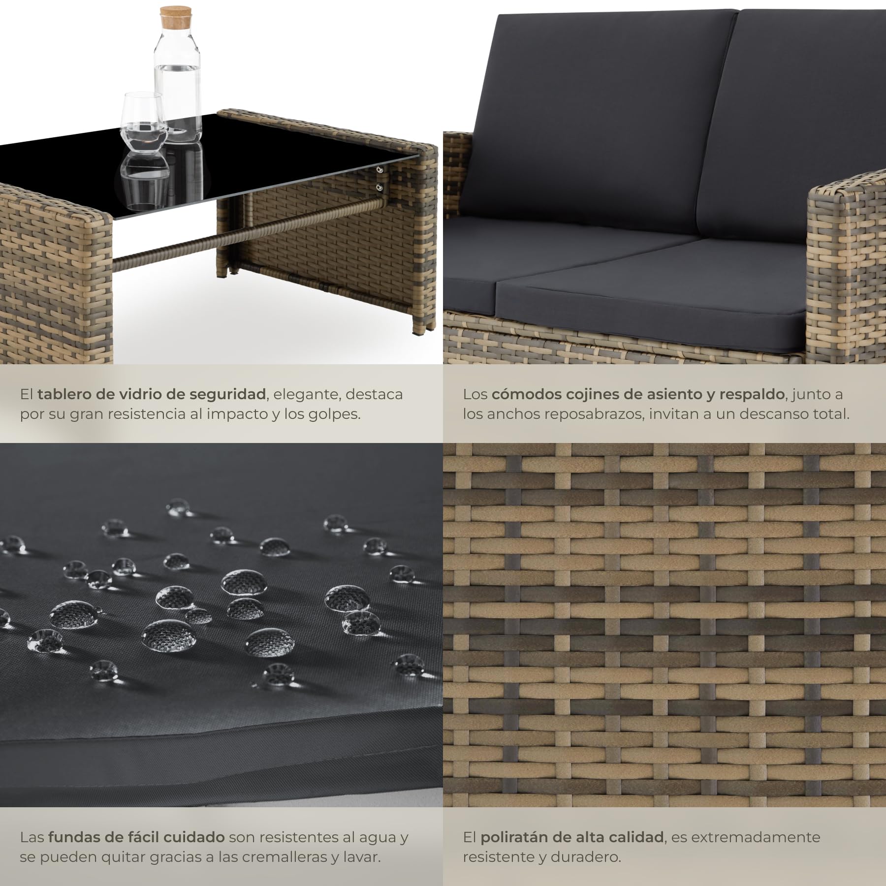 tectake® Conjunto Jardín de Ratán y Acero, Muebles Jardín Exterior, 2 Sillones 1 Sofá 1 Mesa con Cristal, Conjunto Terraza Resistente a Intemperie, con Cojines, Fundas Extraíbles - natural/gris oscuro