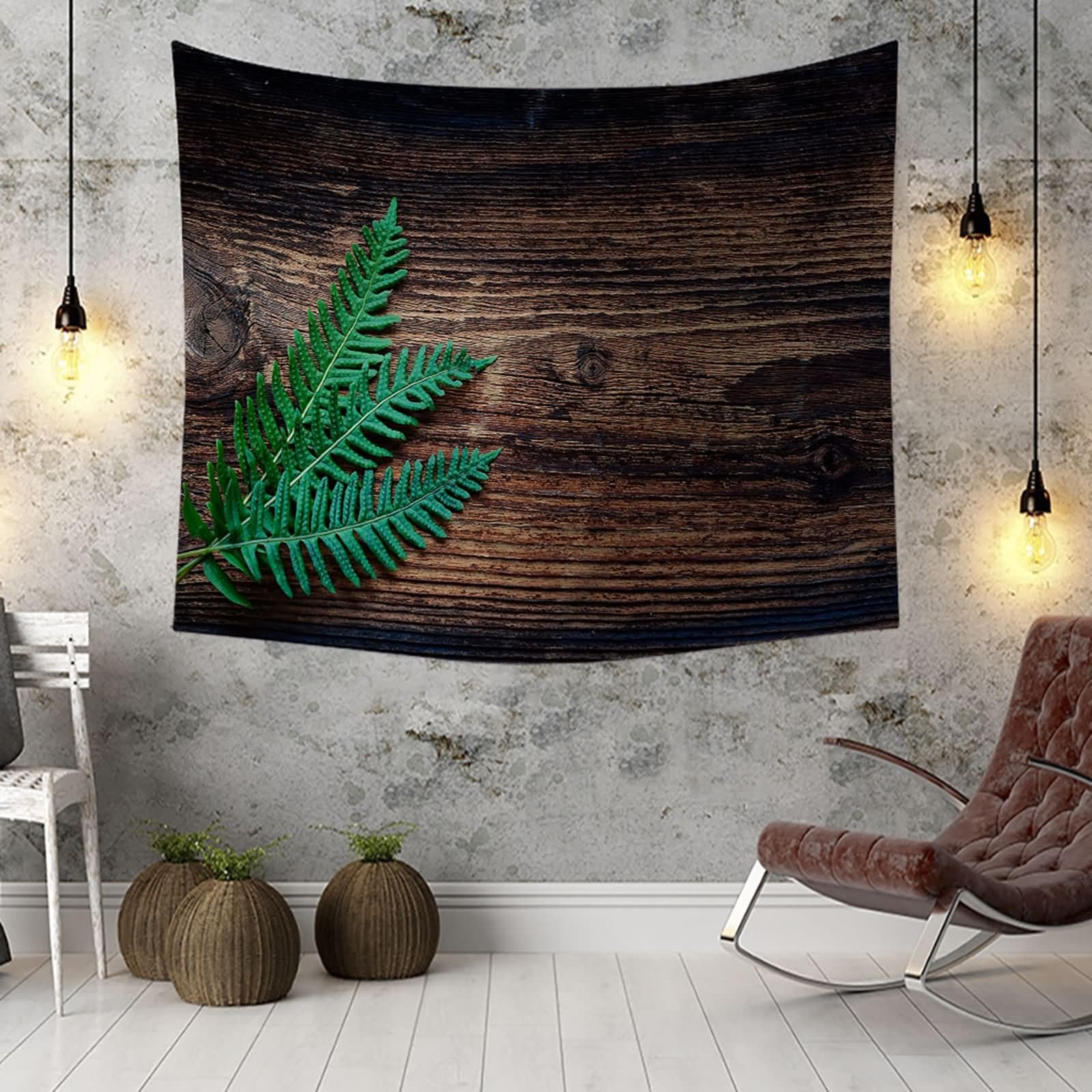 Homxi Wandteppich Modern Schlafzimmer 260 W x 240 H CM, Holzbrett und Blätter, Wandteppiche Wand Tuch Polyester, Braun Grün