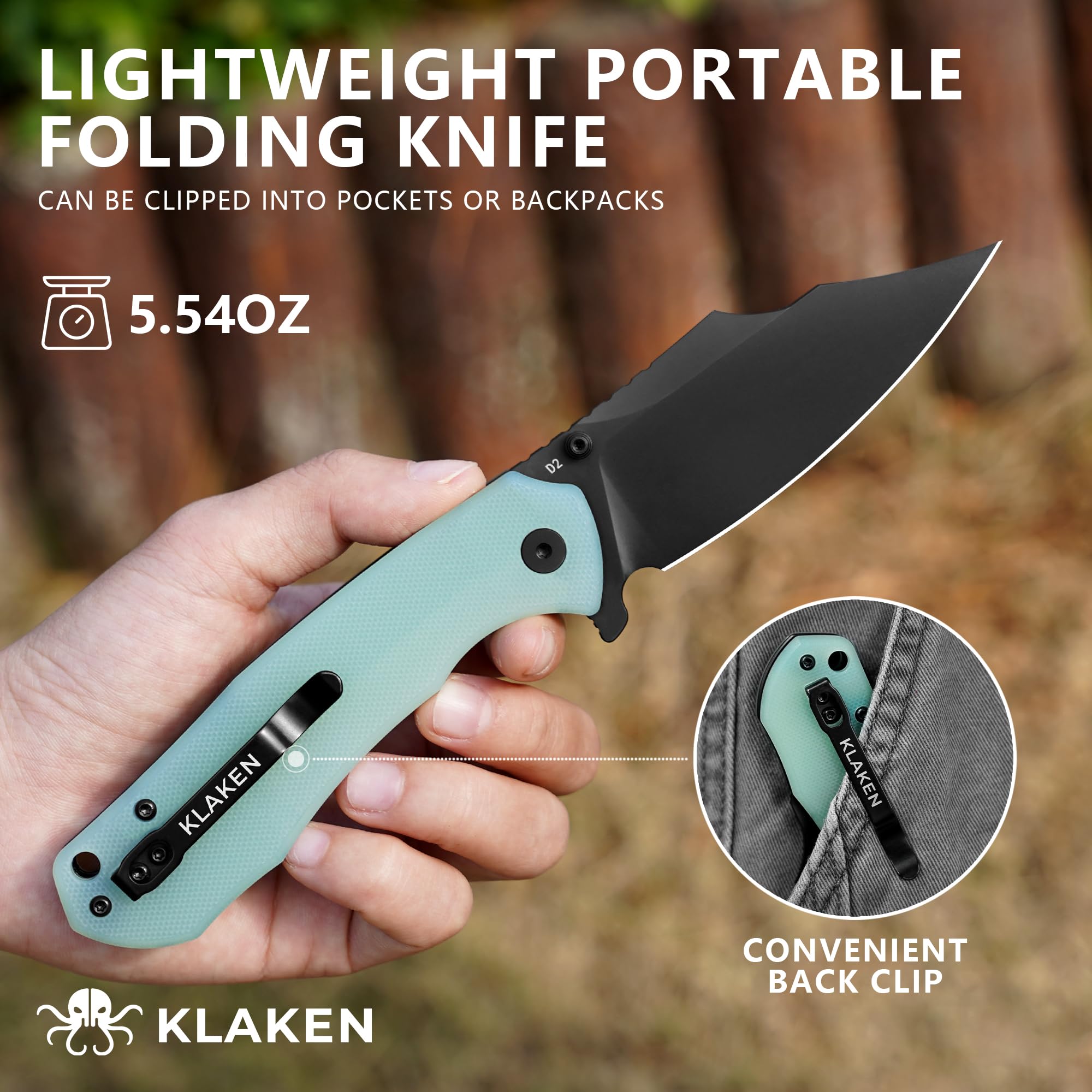 KLAKEN Specter Broad D2 Folding Pocket Knife, G10 Survival Outdoor Knife view 4