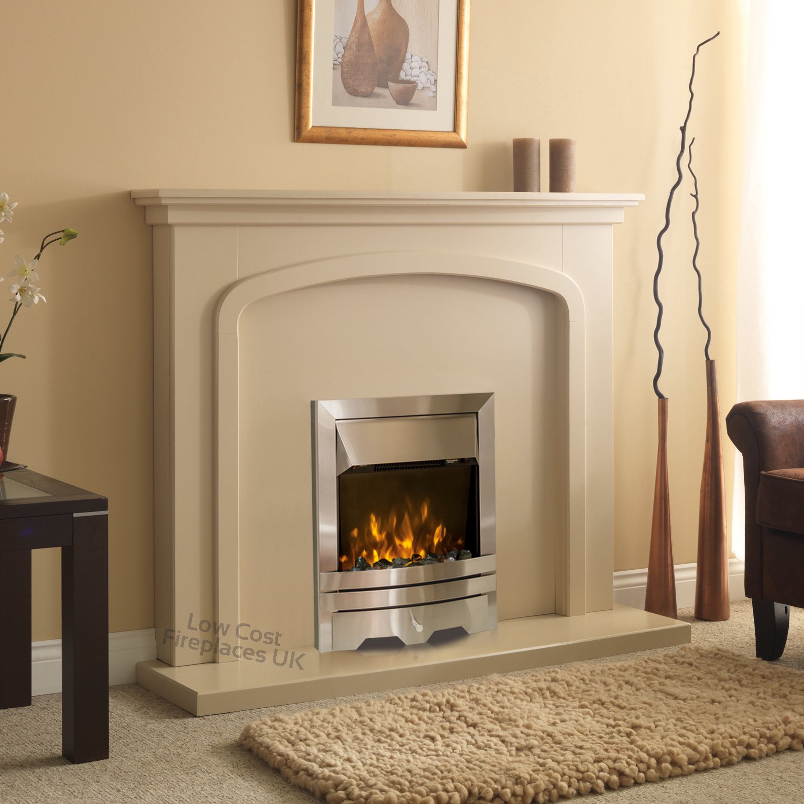Electric Cream Beige Stone Effect Silver Coal Pebble 2KW Flame Fire Wall Surround LED Fireplace Suite 48"