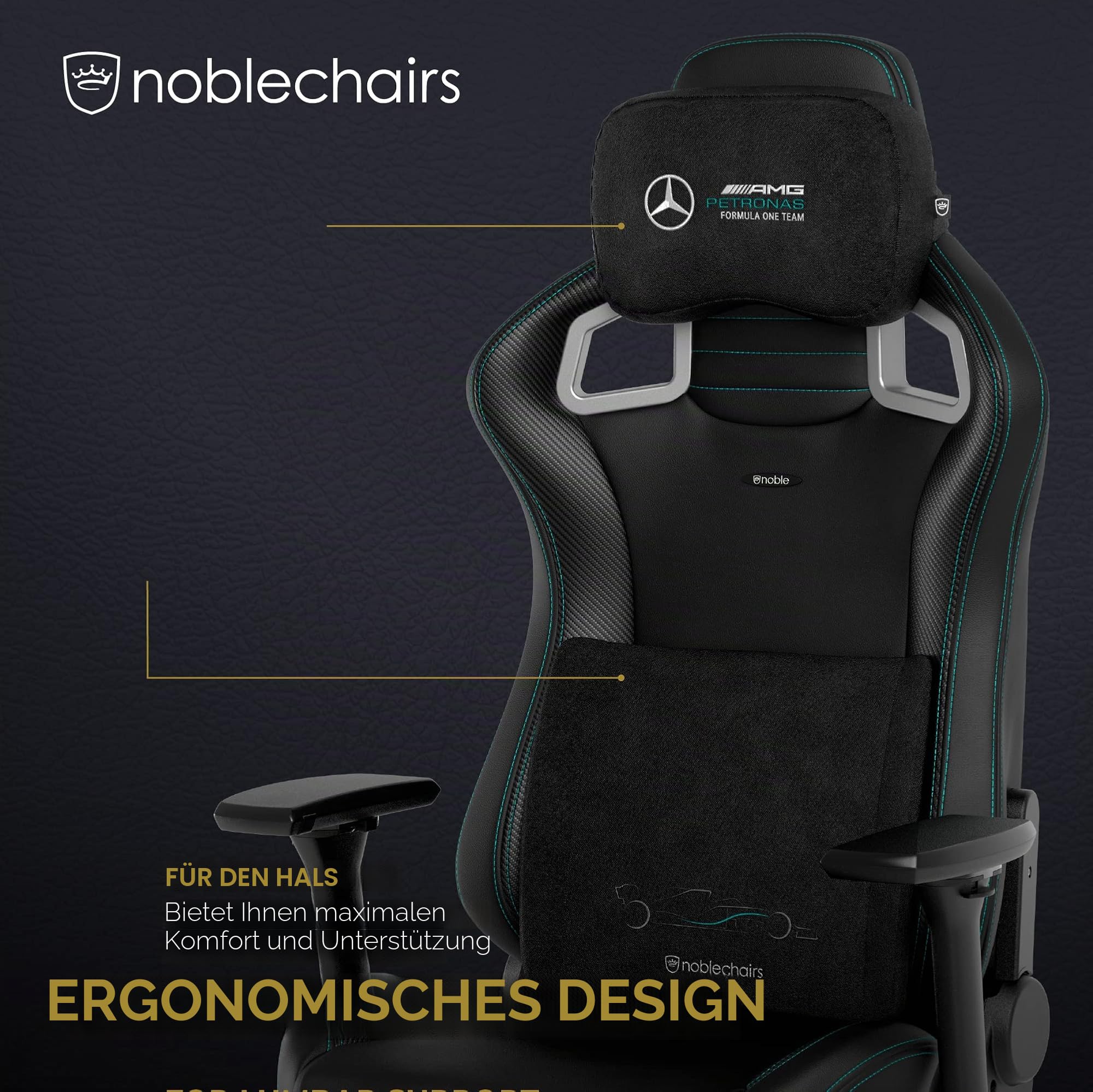 noblechairs Memory Foam Kissen-Set Mercedes-AMG Petronas Formula One Team Edition, Kissen für Gaming Stuhle, Stuhl Kissen mit Lendenwirbelstütze