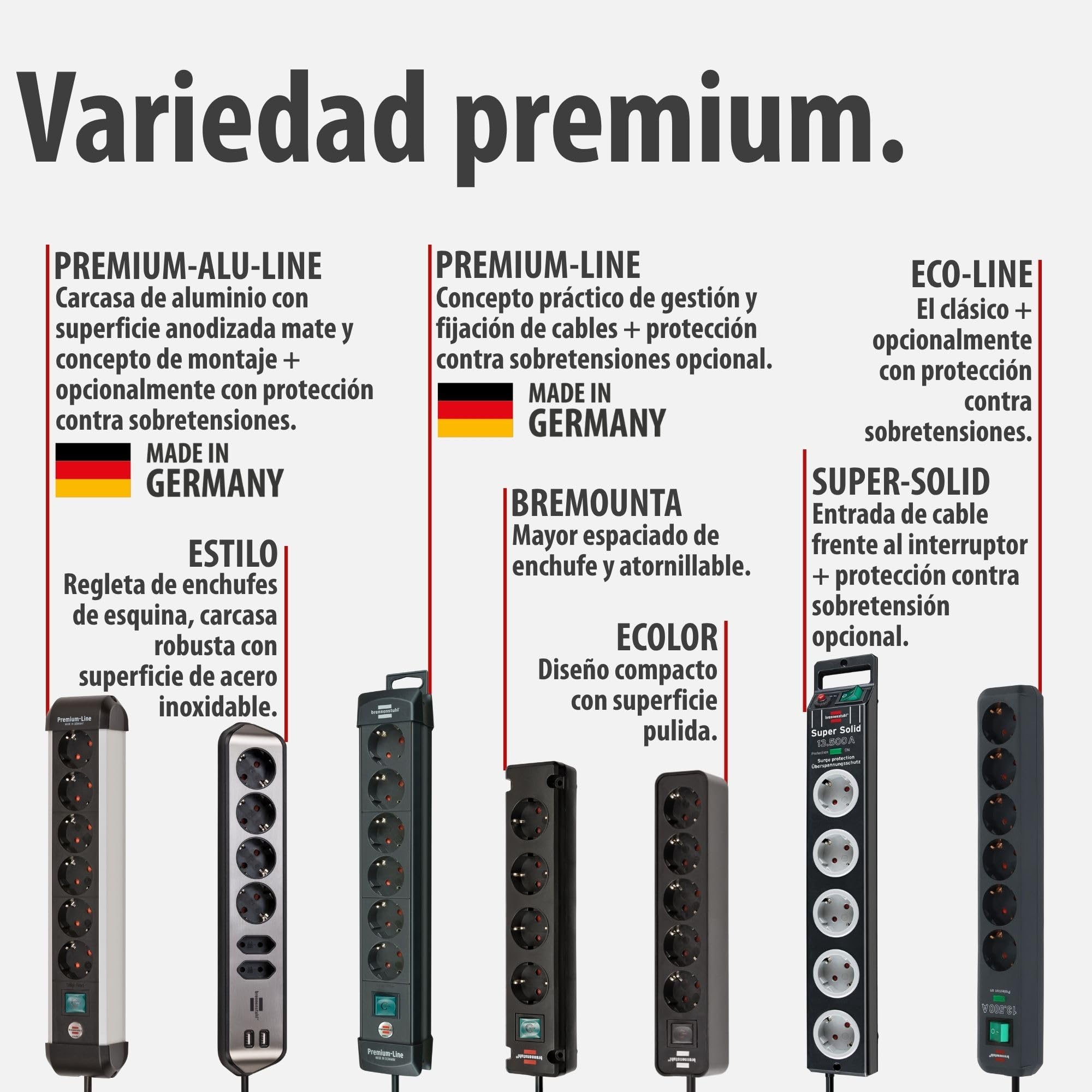 Brennenstuhl Premium-Line regleta enchufes de 6 Tomas con protección contra sobretensiones hasta 60.000 A (Cable de 5 m, Interruptor, montable, Fabricado en Alemania) Negro