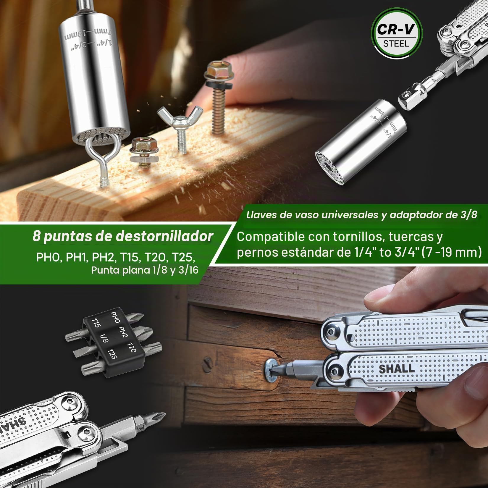 SHALL Herramienta multiusos, alicates multiherramienta 18 en 1 con punta de destornillador y enchufe universal, adecuados para acampar, pescar, sobrevivir en la naturaleza y cazar.