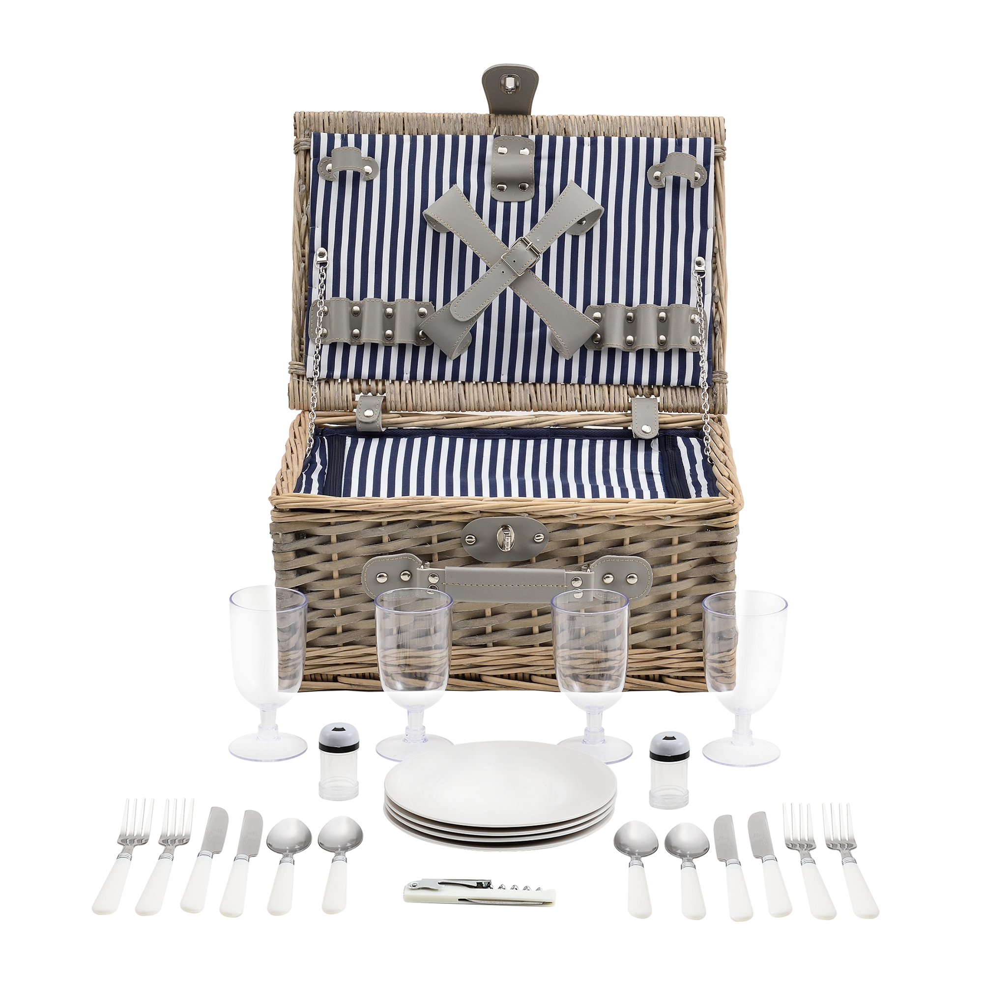 casa.pro Cestino da Picnic per 4 Persone Valigia Picnic in Rami di Salice Vintage Set Incluso Piatti Posate Bicchieri Borsa Termica Cavatappi Saliera Pepiera - Interno Blu/Bianco