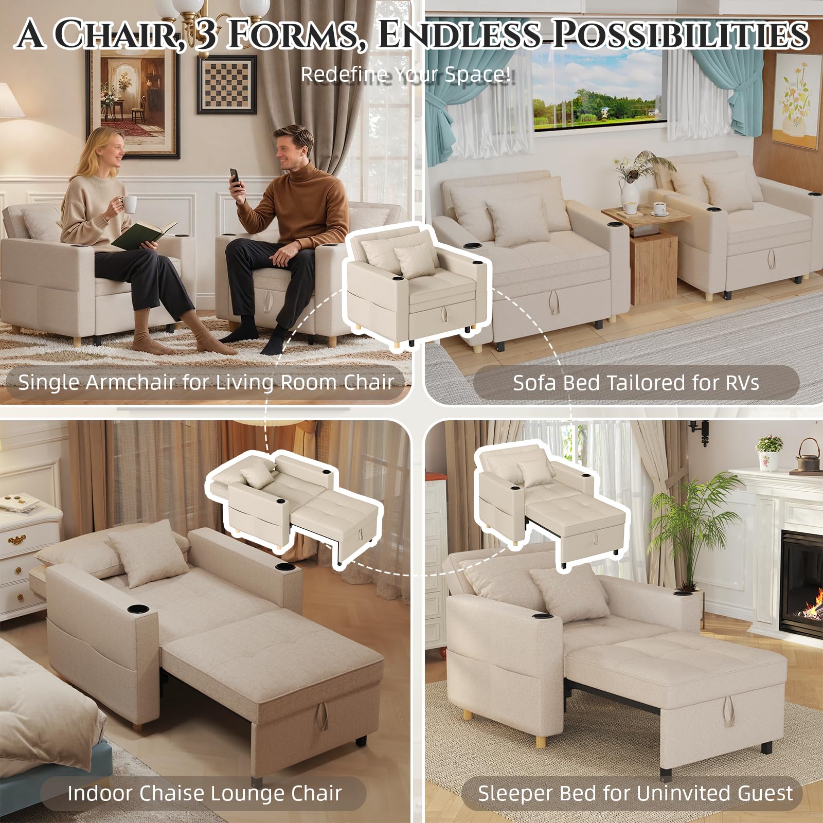 YODOLLA Schlafsofa, 93cm Extrabreit Schlafsessel mit Bettfunktion, Verstellbarer Rückenlehne, Getränkehalter, 3-in-1 Schlafcouch Einzelsessel mit Bettkasten&Schlaffunktion für Wohnzimmer, Beige