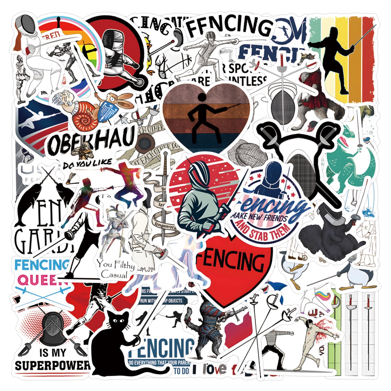 Fencing Stickers for Boy,55pcs Cute Fencing Gifts Sports Stickers for Kids Teens Adults, Sports Party Favor Waterproof PVC Decals for Water Bottle Laptop Skateboard Bicycle Suitcase Phone Case