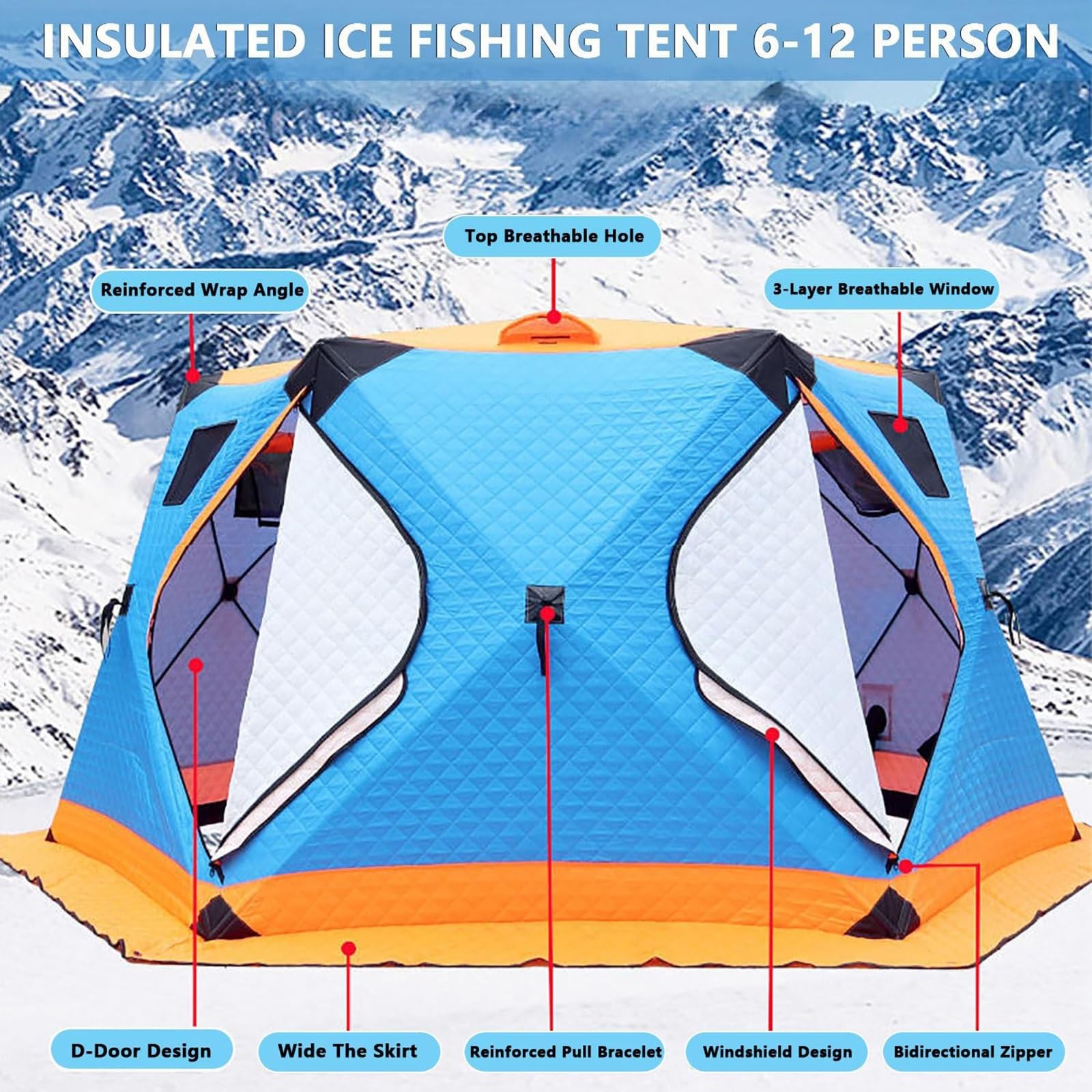 Riparo isolato per pesca sul ghiaccio, per 6-12 persone, in tessuto Oxford 210D, con cric e finestre a 360°, impermeabile, per campeggio, pesca