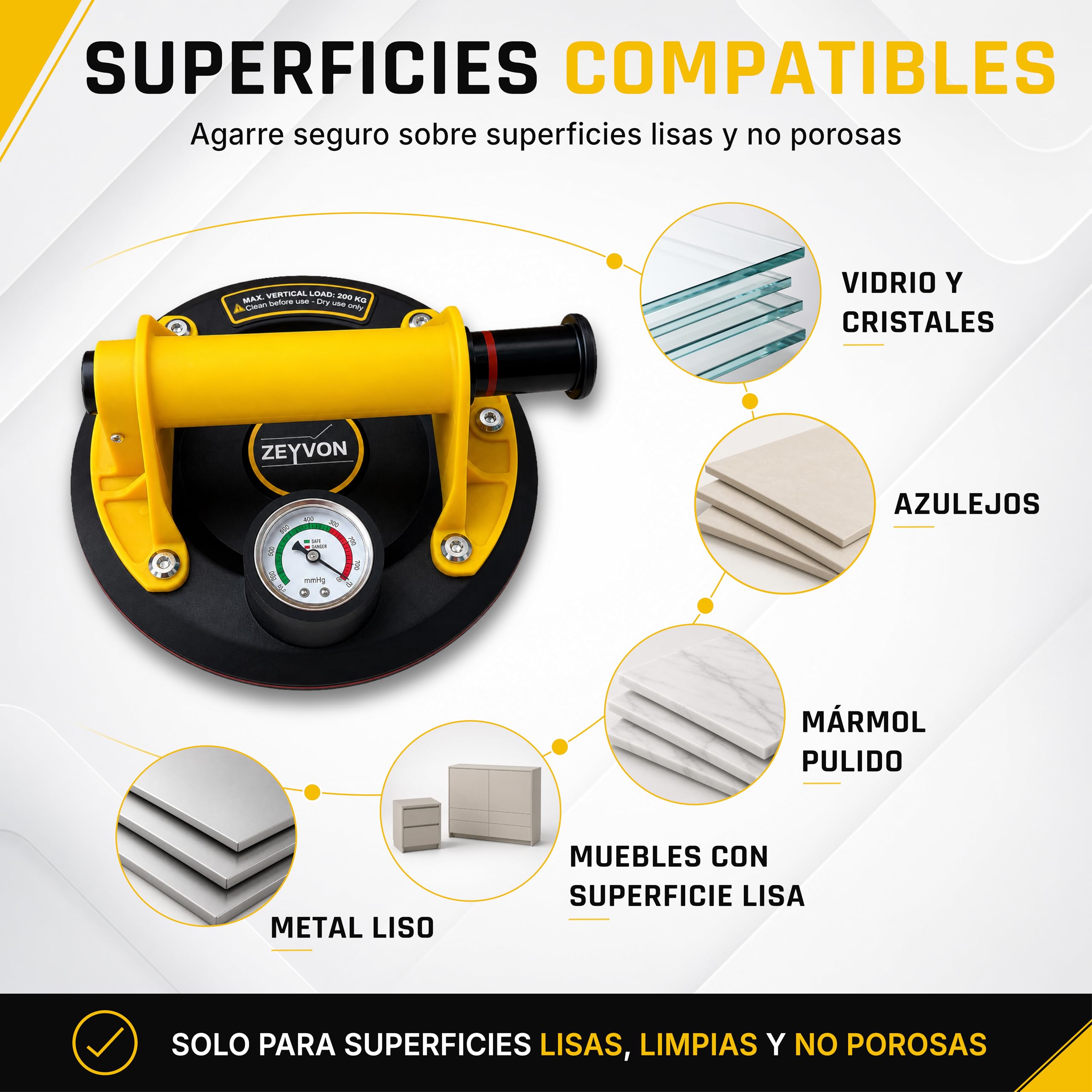2x Ventosas para Cristal y Ventosas para Azulejos con Manómetro – Diámetro 200 mm – Carga Máx 200 kg por Ventosa – Profesionales para Cristal, Azulejos, Mármol y Superficies Lisas y Pulidas