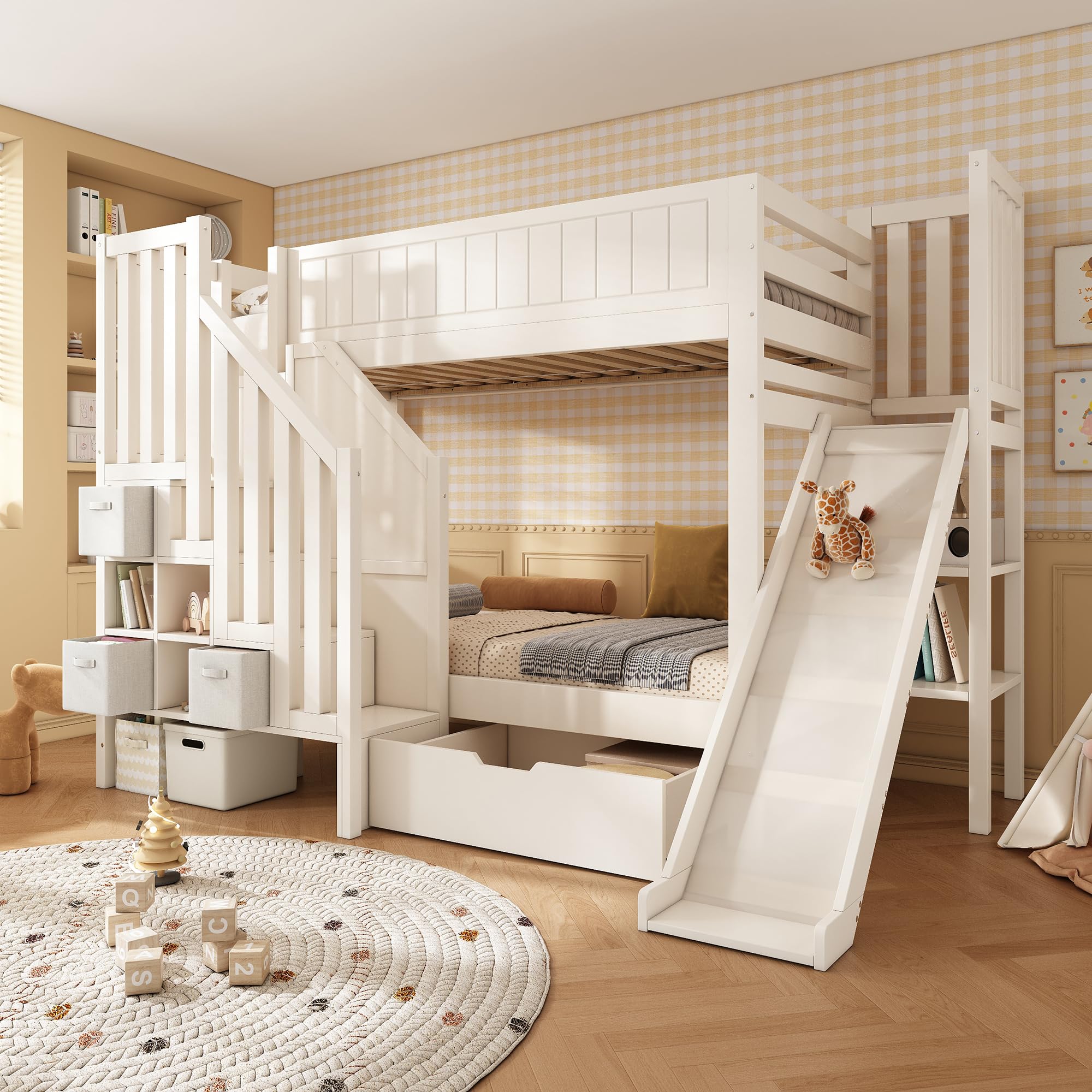 Letto a castello per bambini, 90 x 200 cm, scivolo, armadietto a scale, cassetti grandi, scaffale aperto, bianco, rete a doghe, sicurezza, ideale per famiglie con più bambini, senza materasso