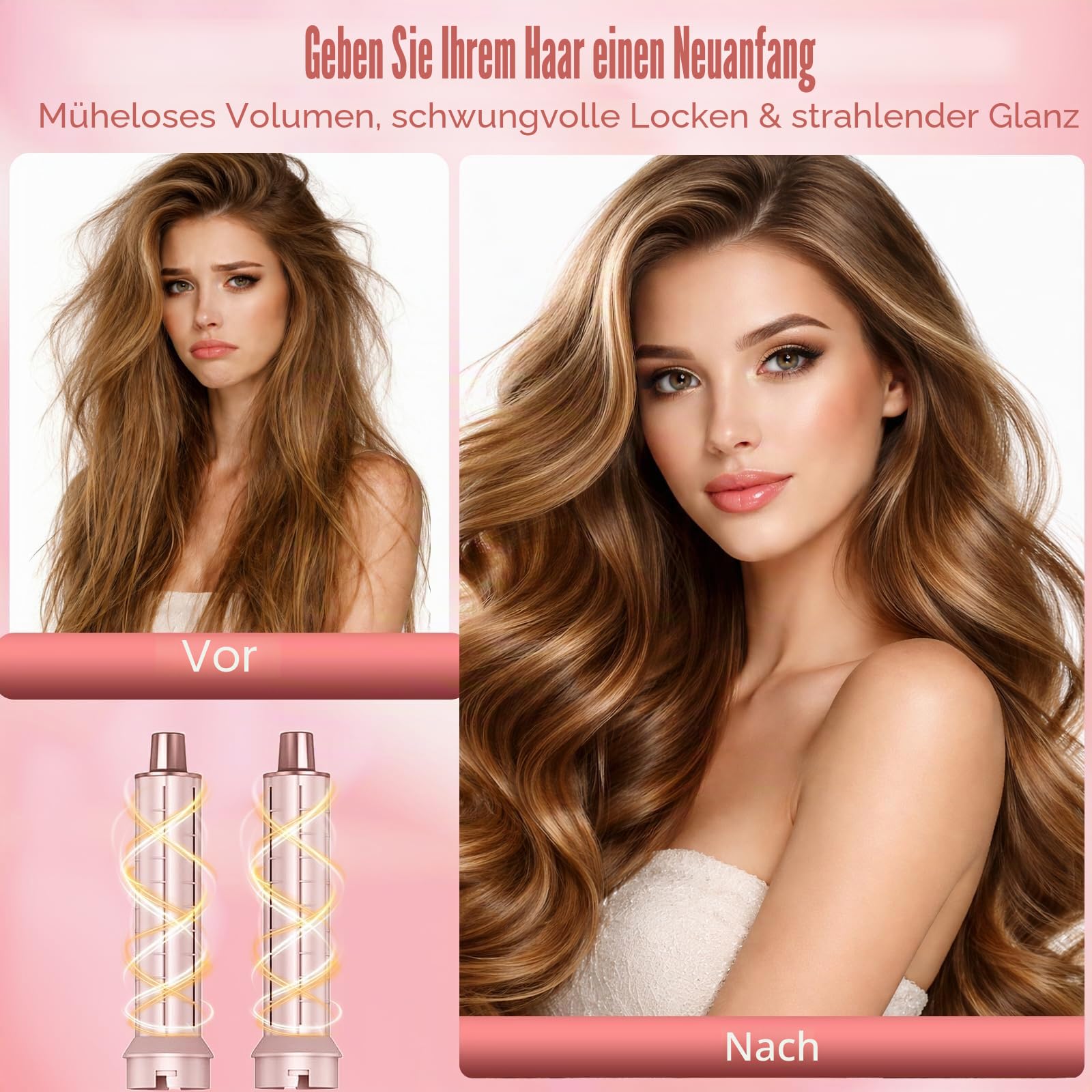 5 in 1 Warmluftbürste, Hairstyler Föhnbürste Volumen Lockenstab | Rundbürstenföhn, Warmluftbürste & Lockenstab – für Glätten, Trocknen, Volumen & Locken-Blush