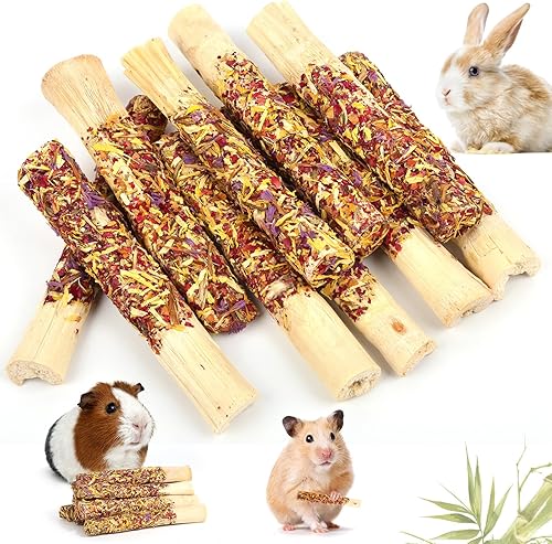 Miniatura 1 de Abizoo Juguetes naturales para masticar conejos, 10 palitos de bambú dulce para conejos con pétalos, juguetes masticables de conejito para conejillo