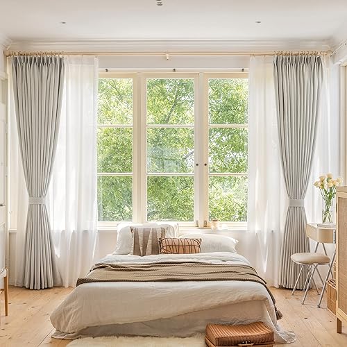 Miniatura 8 de HUTO Cortina plisada opaca completa con alzapaños, cortina de lino sintético extra ancha para patio, dormitorio, sala de estar, abedul blanco, 84