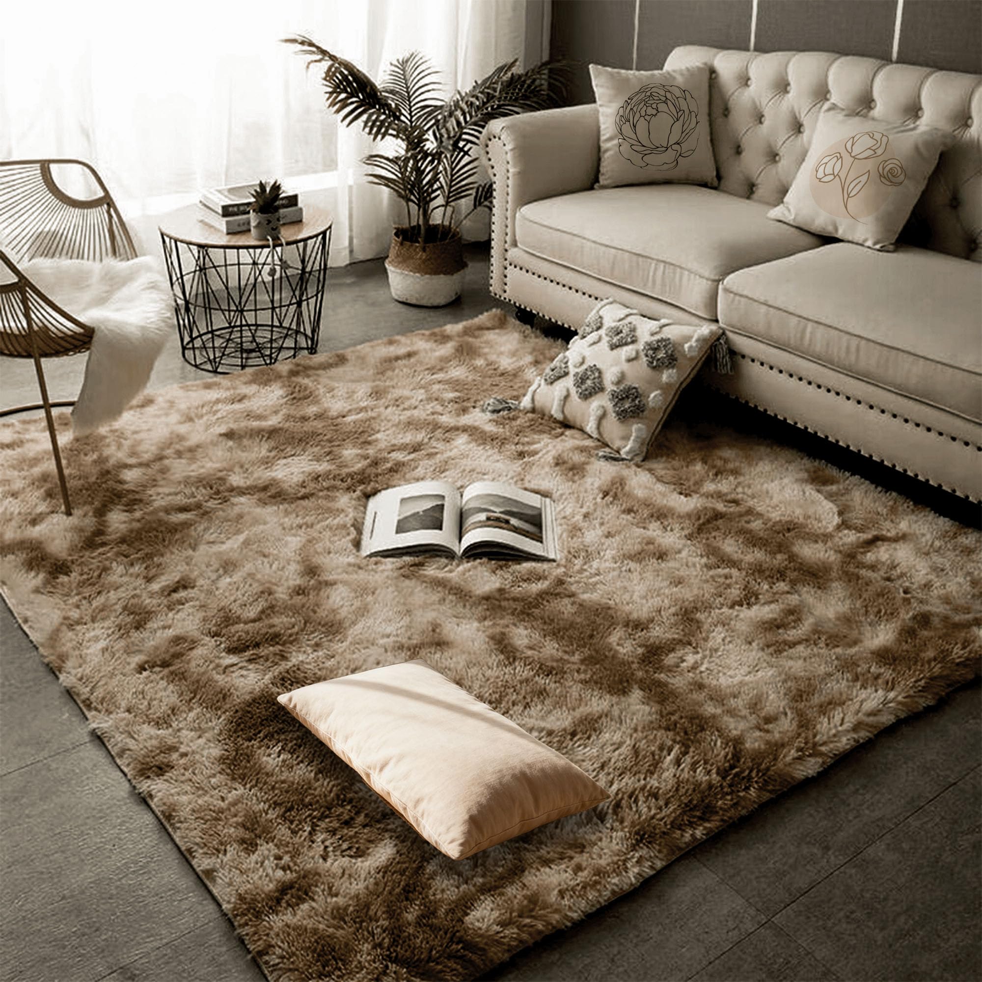 Tapis chambre 140 x 340 cm moderne lavable à poils longs marron uni