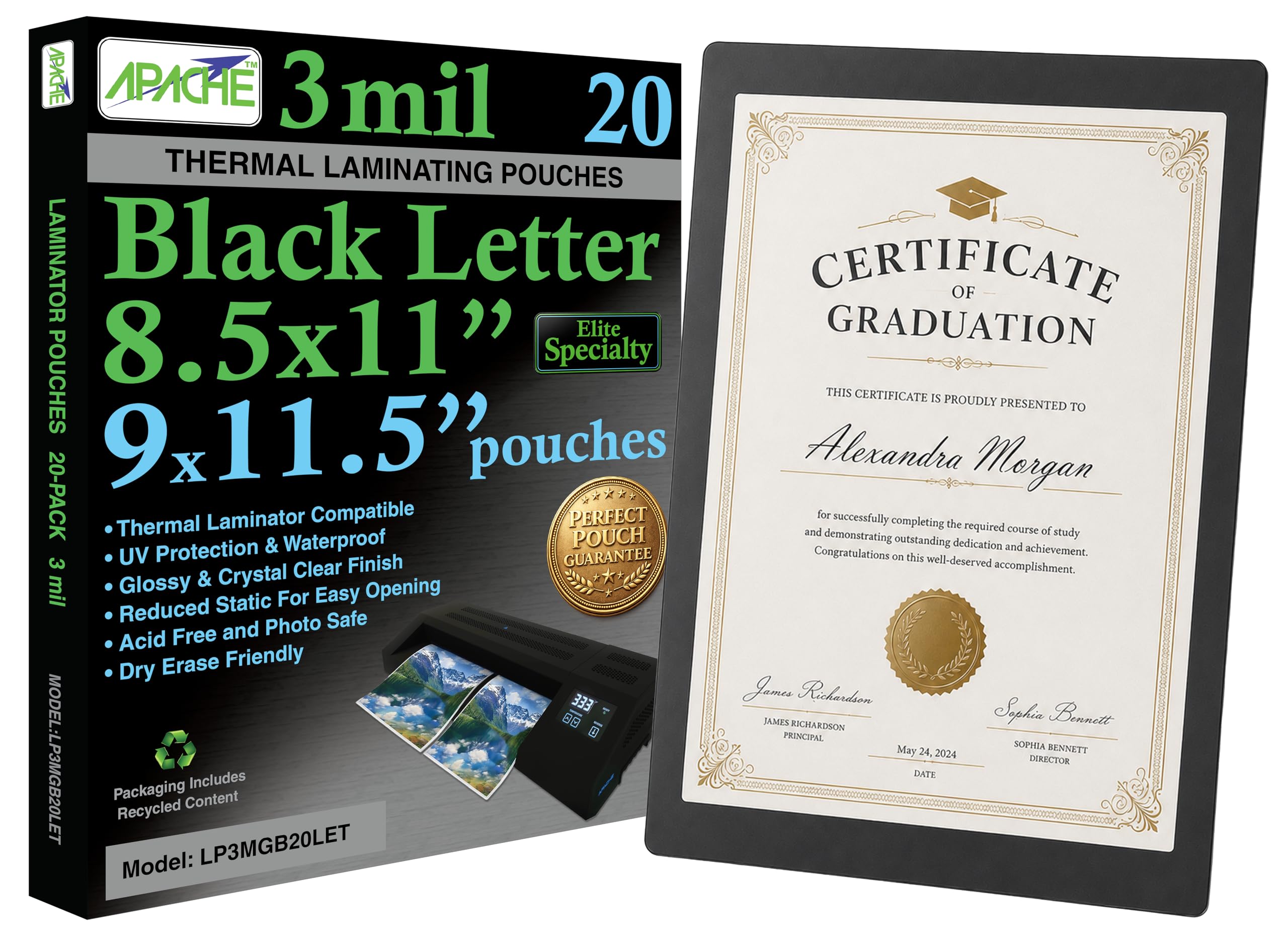 Apache Letter Size Black Back Laminating Pouches, 3 Mil, 20 Pack, Holds 8.5 x 11 Inch Projects (9 x 11.5 Inch Pouch Size), Thermal Laminator Compatible Colored Laminating Sheets, Elite Specialty Line