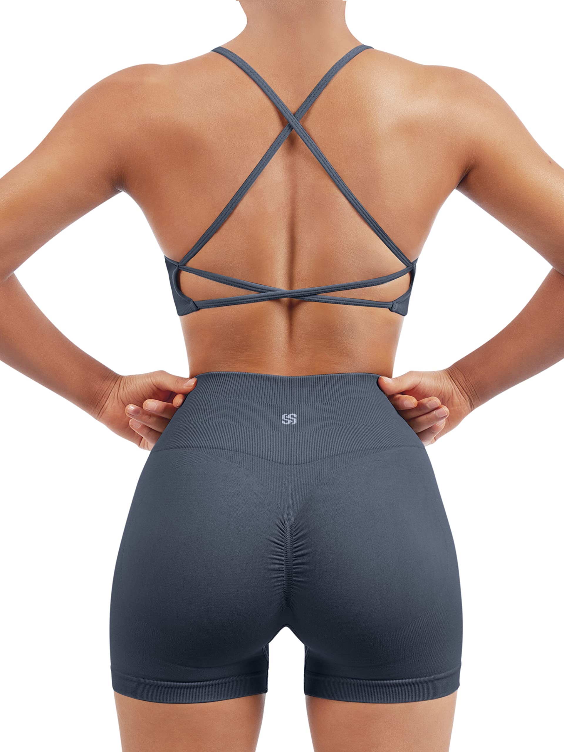 SUUKSESS Women Seamless Workout Sets Strappy Sports Bra High Waist Booty Shorts Outfits