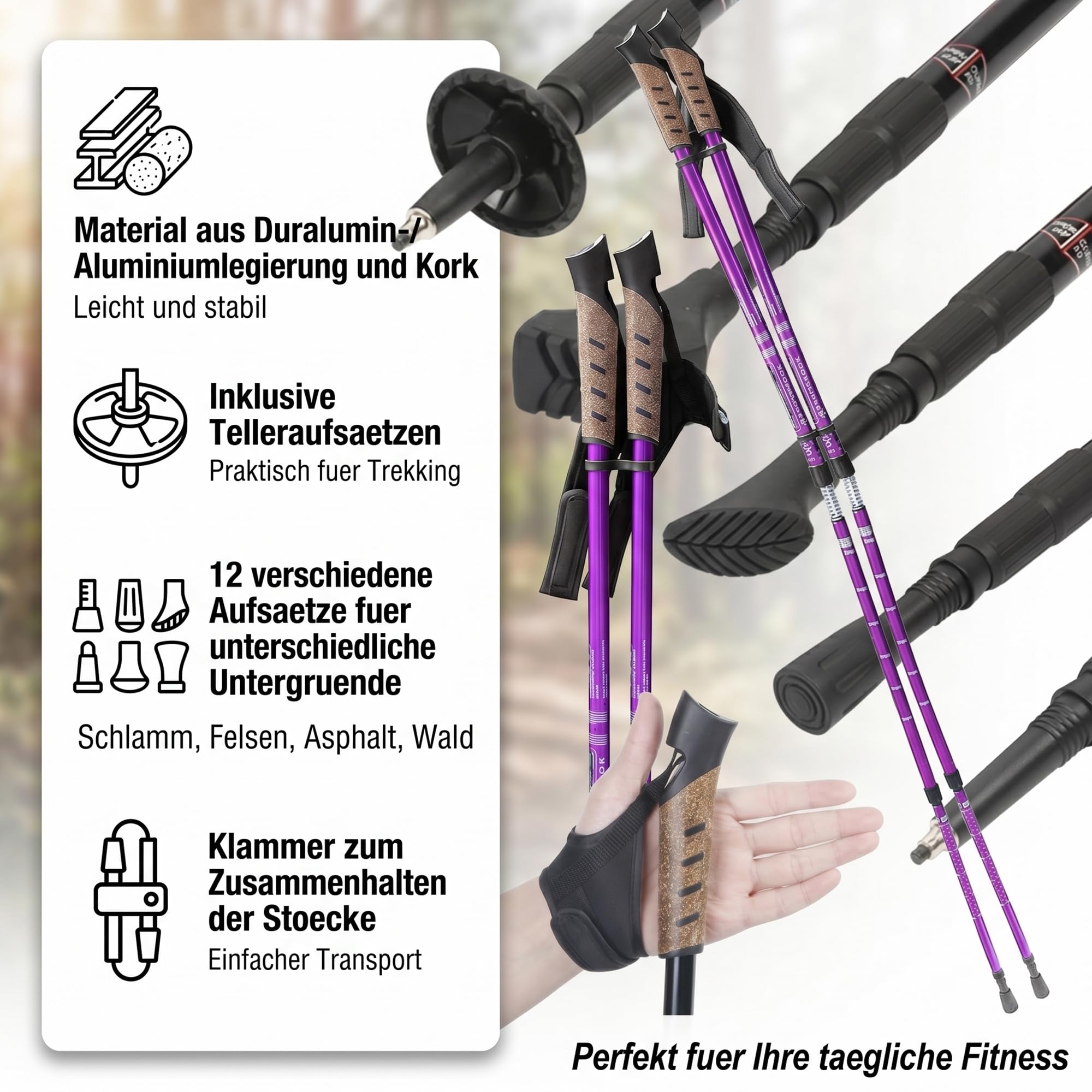 Mucola Nordic Walkingstöcke 2er Set – Höhenverstellbar 65–135 cm | Teleskop Wanderstöcke aus Aluminium Antishock, Wolframstahlspitze & 12 Aufsätzen - Trekking, Wandern, Fitness