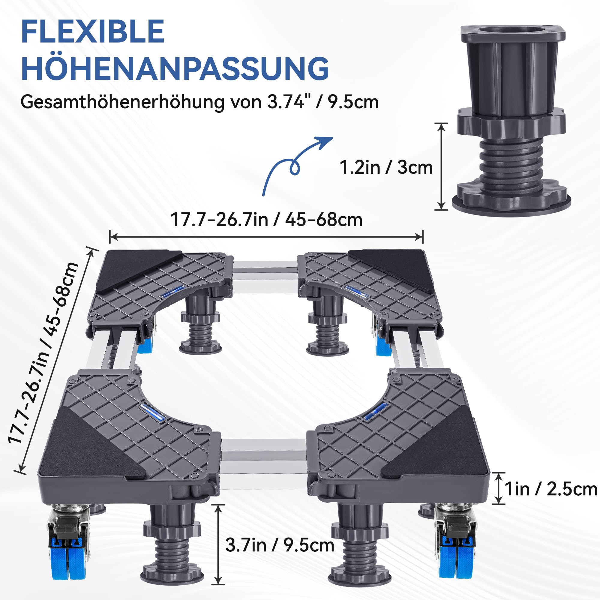 Base universale per lavatrici: base regolabile per 45-68 cm lavatrice asciugatrice frigorifero (tubo in acciaio a doppio strato+4 ruote+8 piedi (400 kg)) - 4