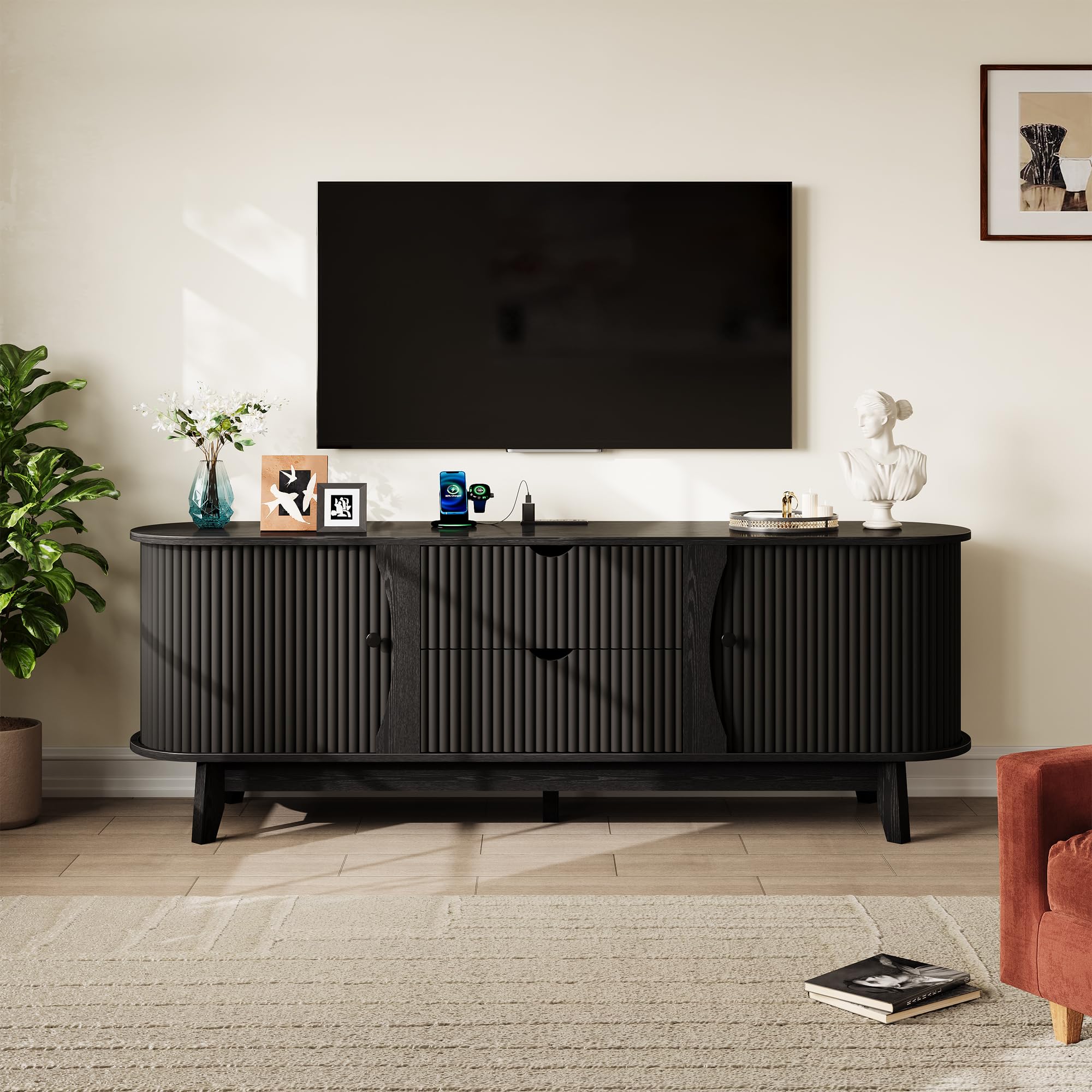 Condition photo showing New/Like New for garveehome mid century modern tv stand, 63'' tv stands for living room with power output, entertainment center with 2 drawers and adjustable shelves, wooden tv console, black