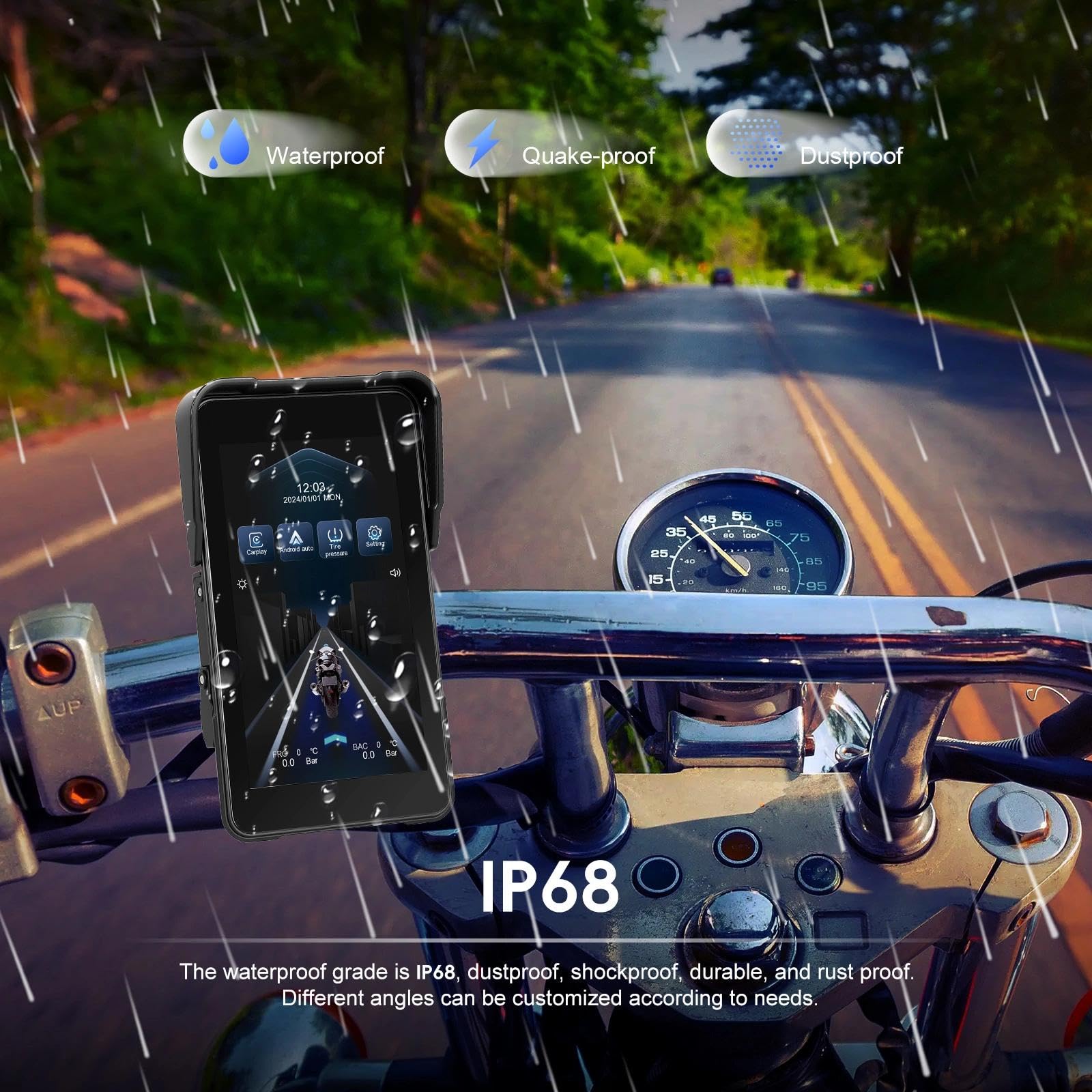 Pantalla CarPlay para Moto, Apple CarPlay y Android Auto Inalámbricos, Pantalla HD de 5" para Motocicleta, Impermeable IP68 con Bluetooth, Compatible con TPMS, Soporte Antirrobo Desmontable