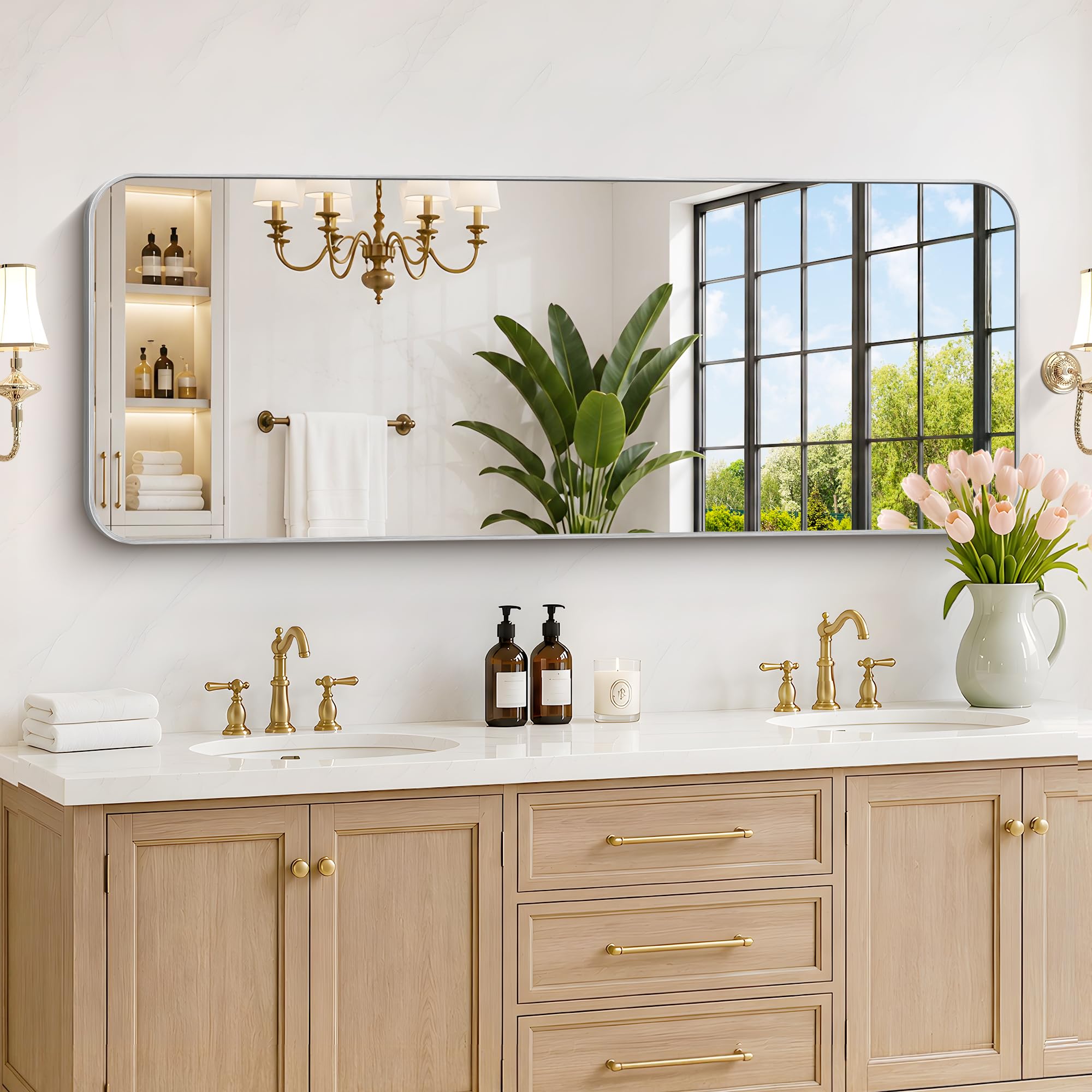 DESBING 60"x24" Bathroom Mirror for Over Sink, Silver Framed Wall Mirror