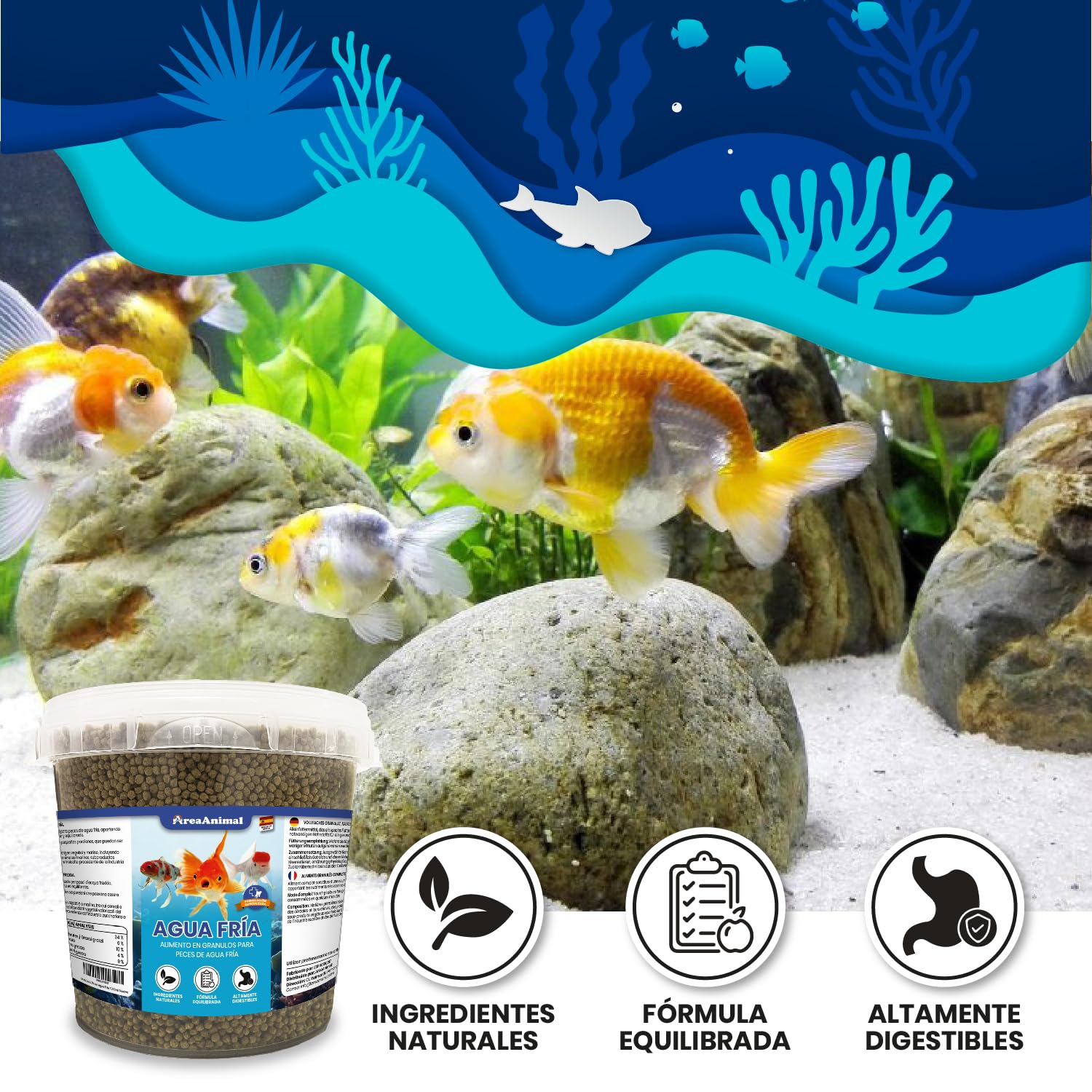 AreaAnimal - Comida Peces Agua Fria, Comida Granulos Peces 330G/750ML, Alimento para Goldfish, Koi y Cualquier Pez de Agua Fría, Fischfutter Enriquecida con Vitaminas y Minerales — view 2