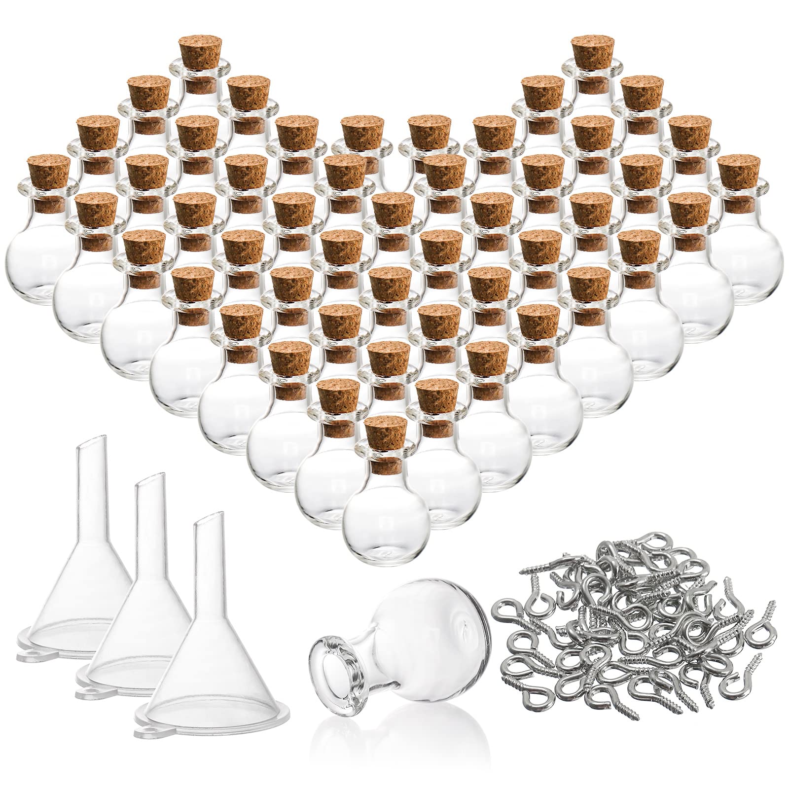ZOOFOX 50 Pack Vials with Corks, Mini Glass Bottles with Eye Screws and Funnel, 2ml DIY Decoration Tiny Favor Spell Jar, Small Storage Containers for Wishing Bottle, Drifting Bottle