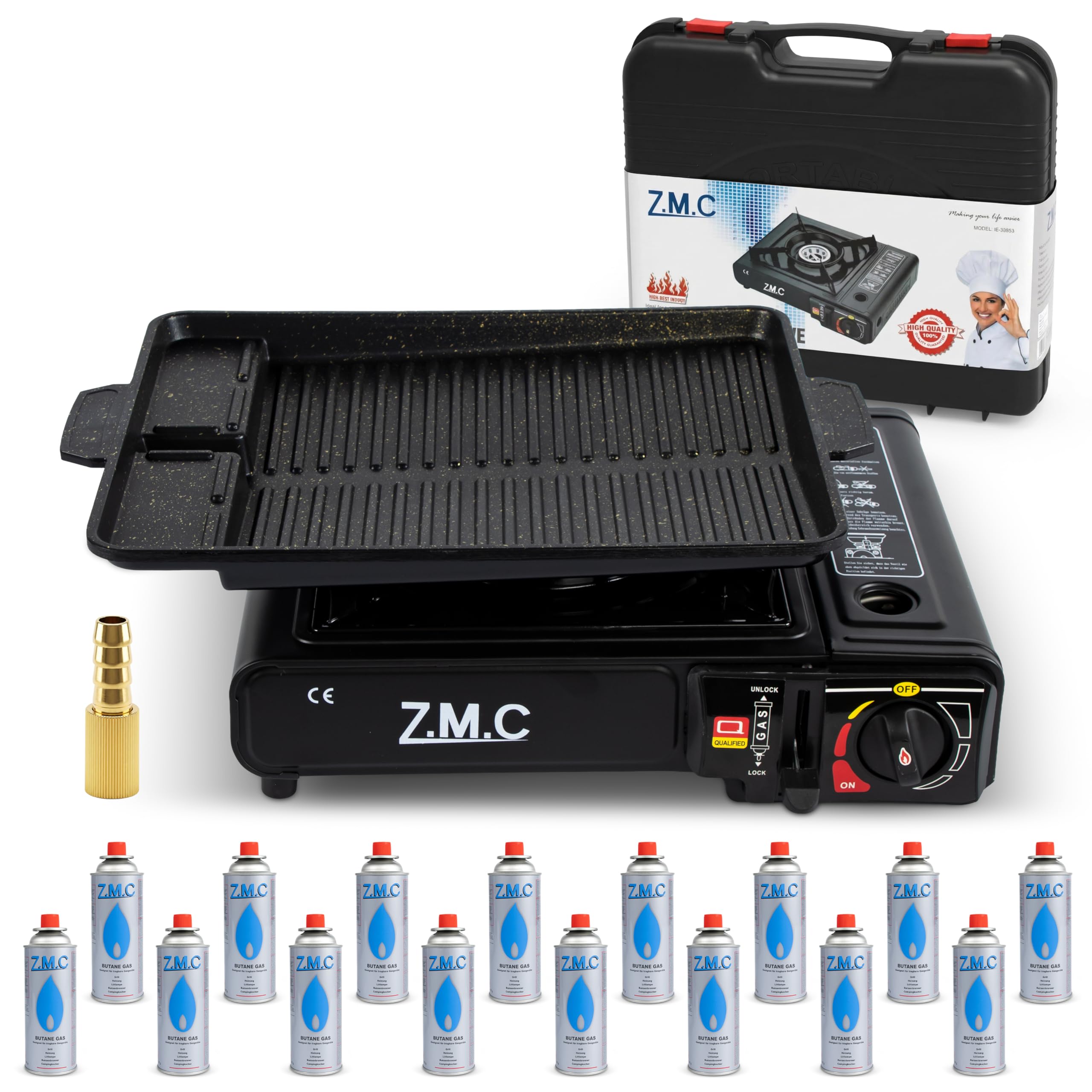 Z.M.C Réchaud à gaz 1 feu avec adaptateur pour GPL + mallette de rangement + plaque de cuisson 33 x 26 x 4 cm + 16 cartouches de gaz 227 g, réchaud de camping avec allumage piézoélectrique