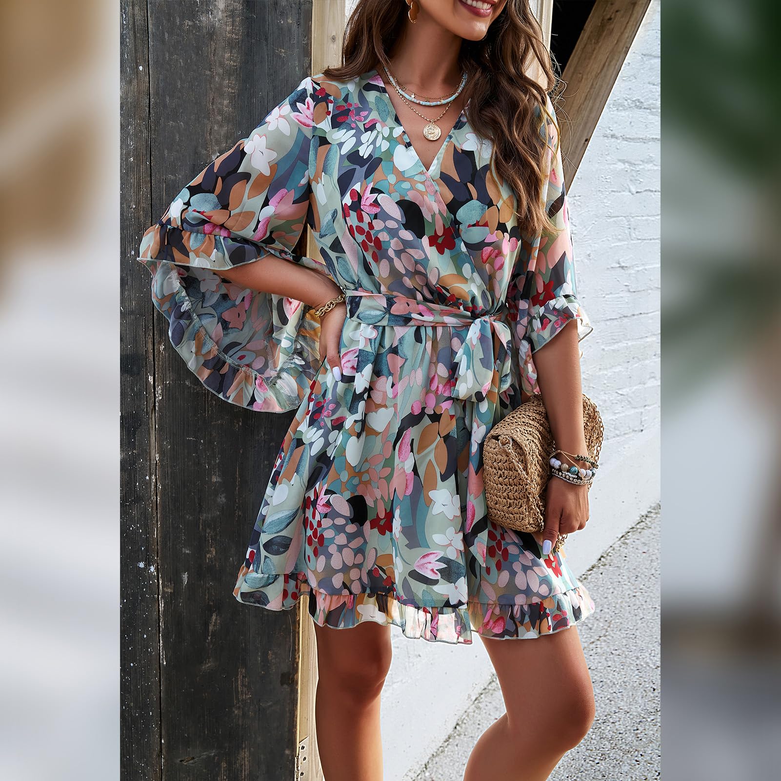 Odizli Abito estivo da donna, corto, elegante, floreale, in chiffon, con scollo a V