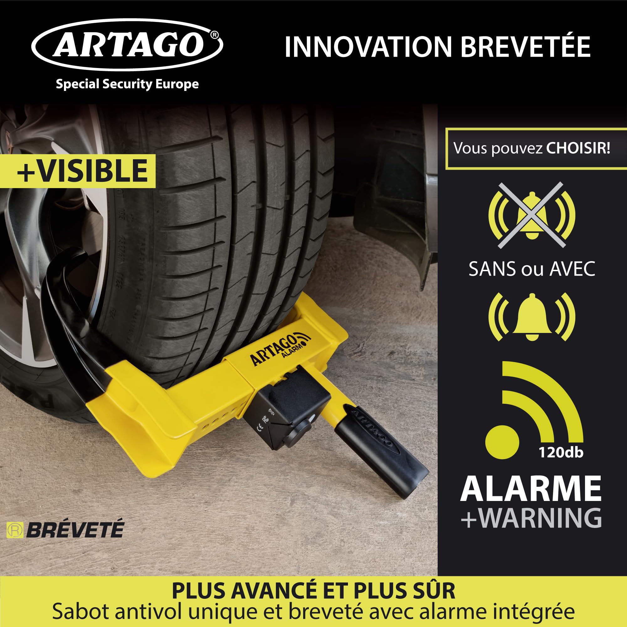 ARTAGO ART872 Antivol Voiture Sabot Roue Haut de Gamme, 2en1 Sans/Avec Alarme 120dB Alerte LED Plus Sûr et Dissuasif, Clés Haute Sécurité, Bloque Anti vol Caravane Universel Auto Camping-Car Remorque