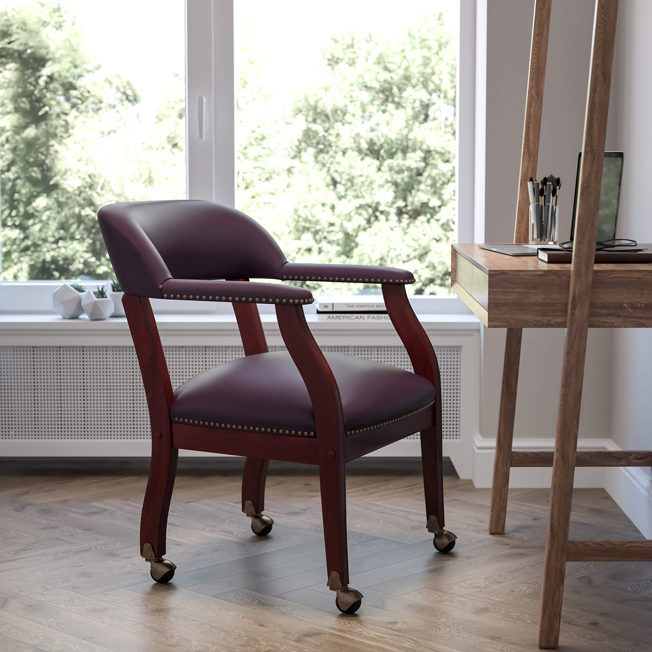 Flash Muebles Lujosa Silla de Conferencia de Vinilo Negro con Ruedas, Burgundy Leather, 24' W x 27' D x 31.5' H