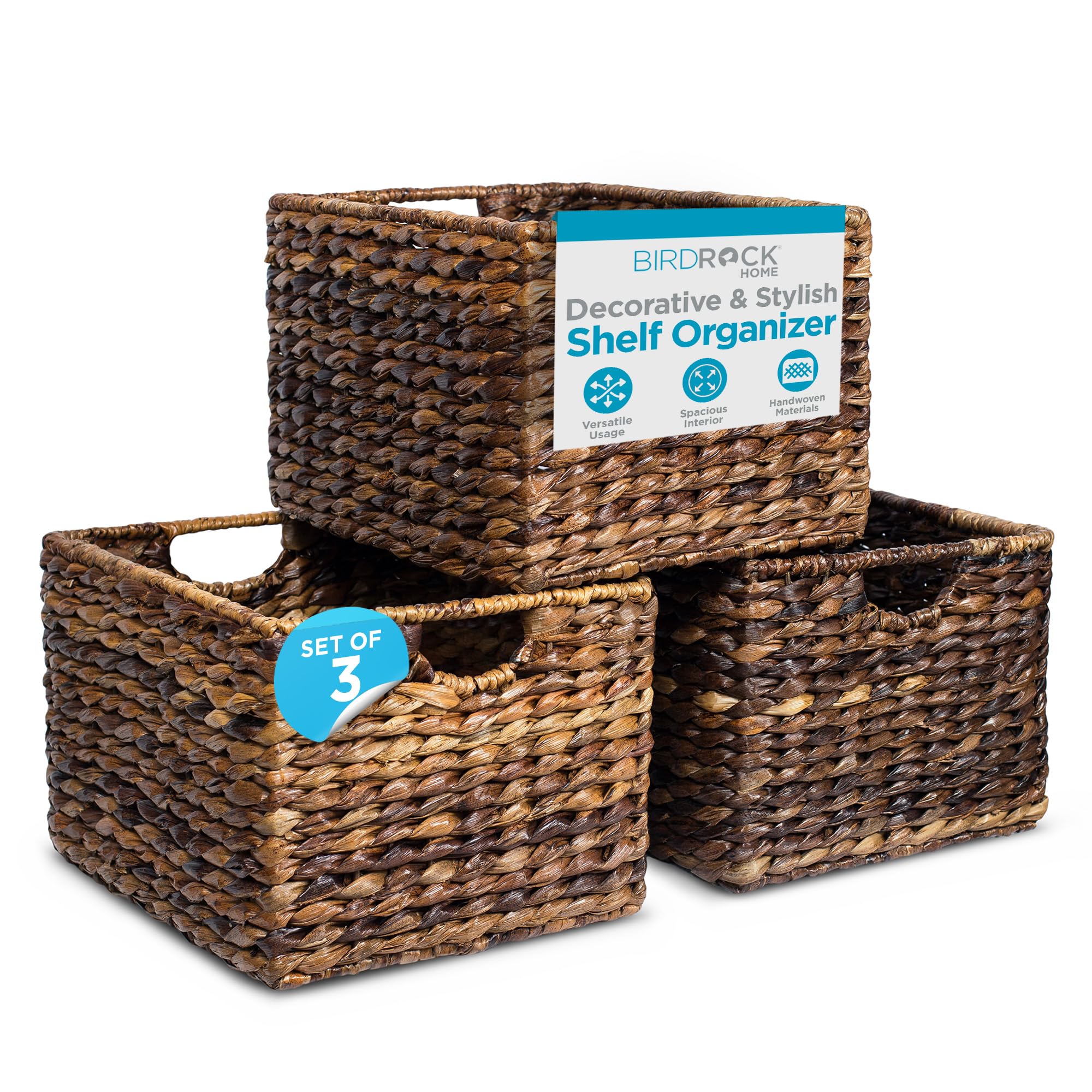 BIRDROCK HOME Woven Storage Shelf Organizer Baskets with Handles - Set of 3 - Abaca Wicker Basket - Pantry Living Room Office Bathroom Shelves Organization - Under Shelf Basket - Handwoven (Espresso)
