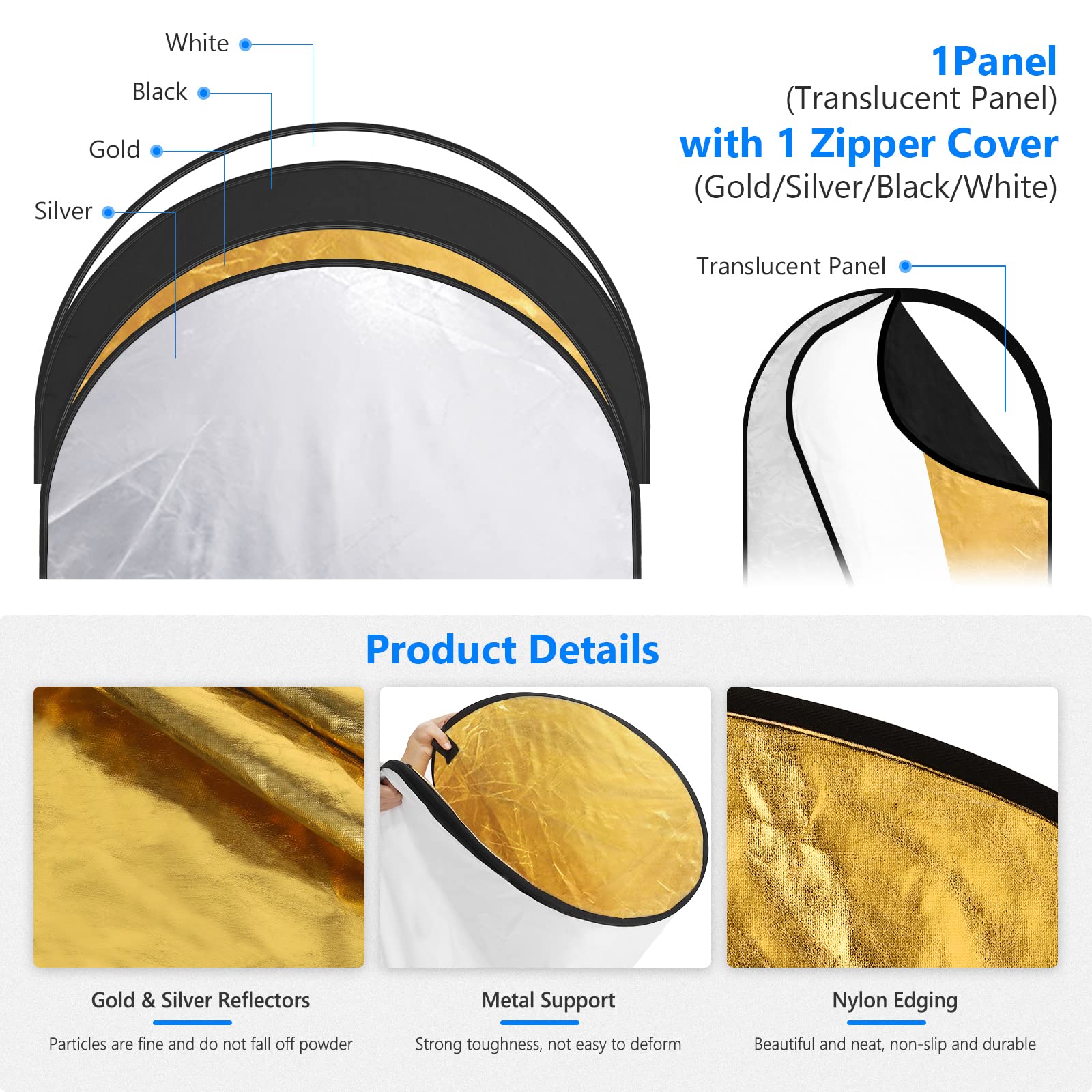Neewer 5-in-1 - Riflettore professionale pieghevole multi disco ovale (80 x 120 cm) traslucido, argento, nero, oro e bianco