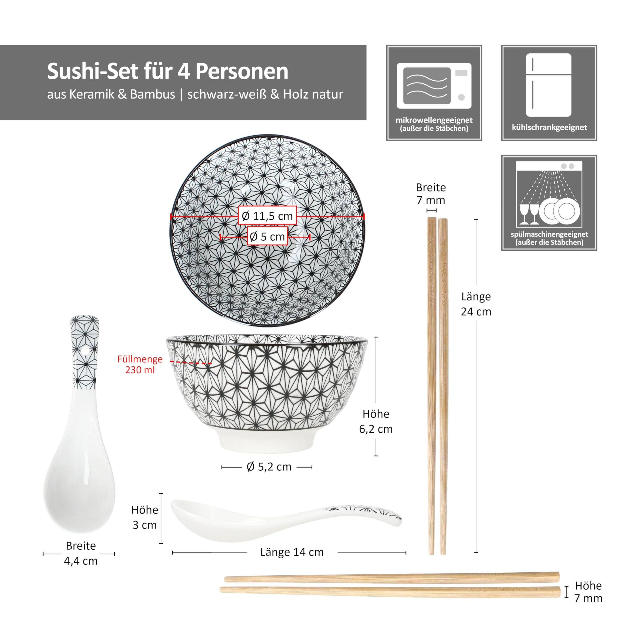 MamboCat Sushi Set für 4 Personen I asiatisches Geschirr Set aus Keramik & Bambus I schwarz weiß I je 4x Schale 230ml, Löffel & Stäbchen I für Sushi, Ramen & Suppen I Reis-Bowl