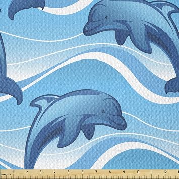 Lunarable Dolphin Fabric by The Yard, Dolphin Illustration Jumping Waves with Large Mammal Friendly Ocean Animal, Stretch Knit Fabric for Clothing Sewing and Arts Crafts, 1 Yard, Azure Blue