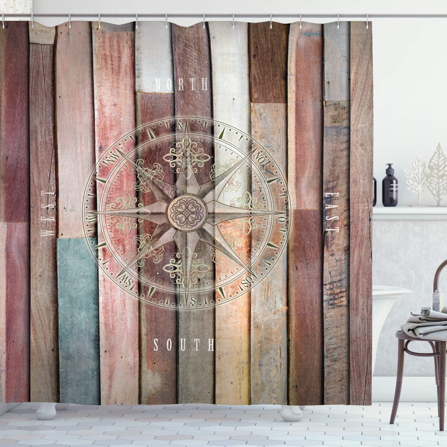 Ambesonne Marine Life Shower Curtain, Navy Sea Yacht Themed Colorful Wood Backdrop Rudder Like Compass Image, Cloth Fabric Bathroom Decor Set with Hooks, 69" W x 70" L, Cadet Blue Sepia Cream