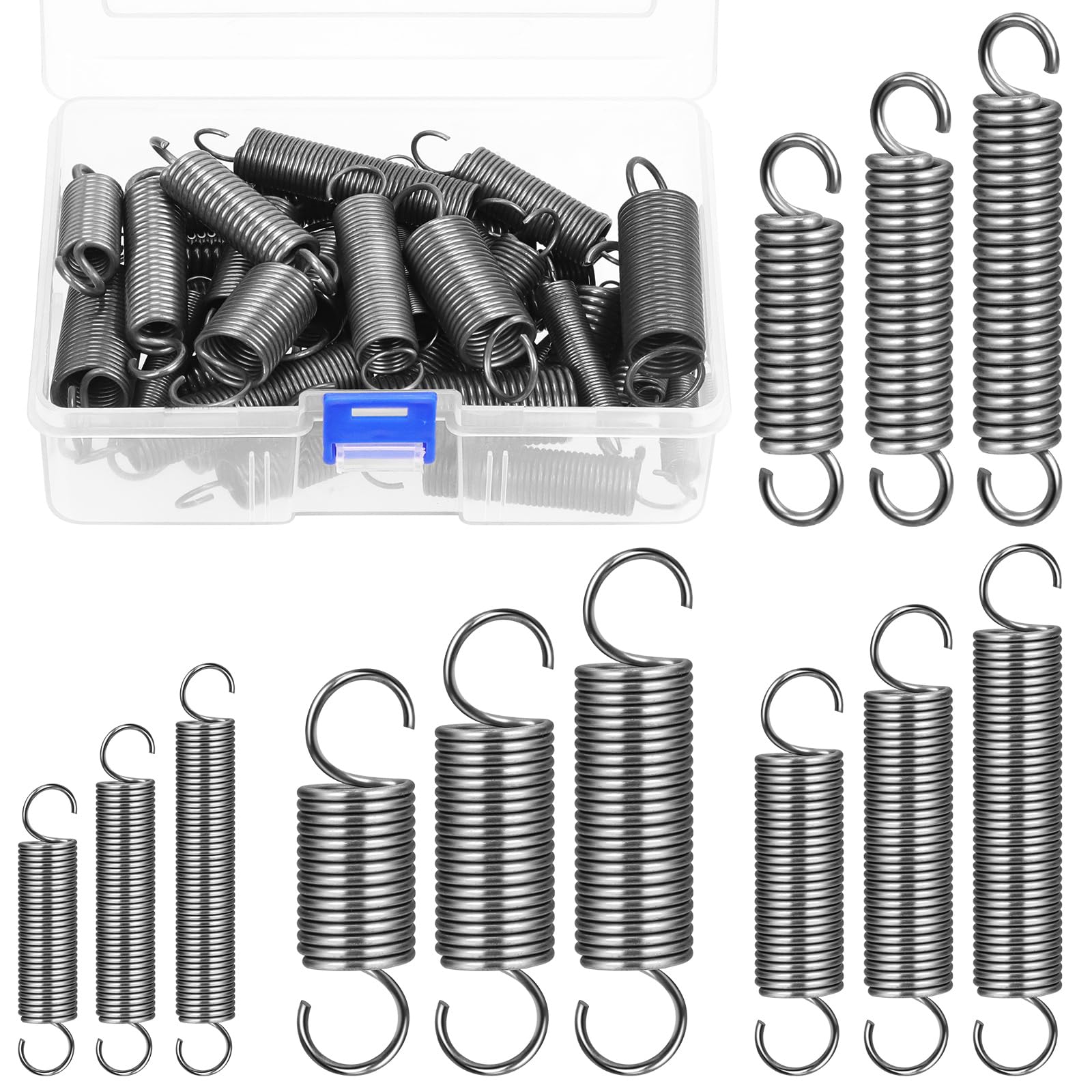 Glarks 36pcs Stainless Steel Extension Springs with Opening Hook Sets 12 Sizes Small Spring Tension Spring Wire Assortment for Machinery Construction Industrial