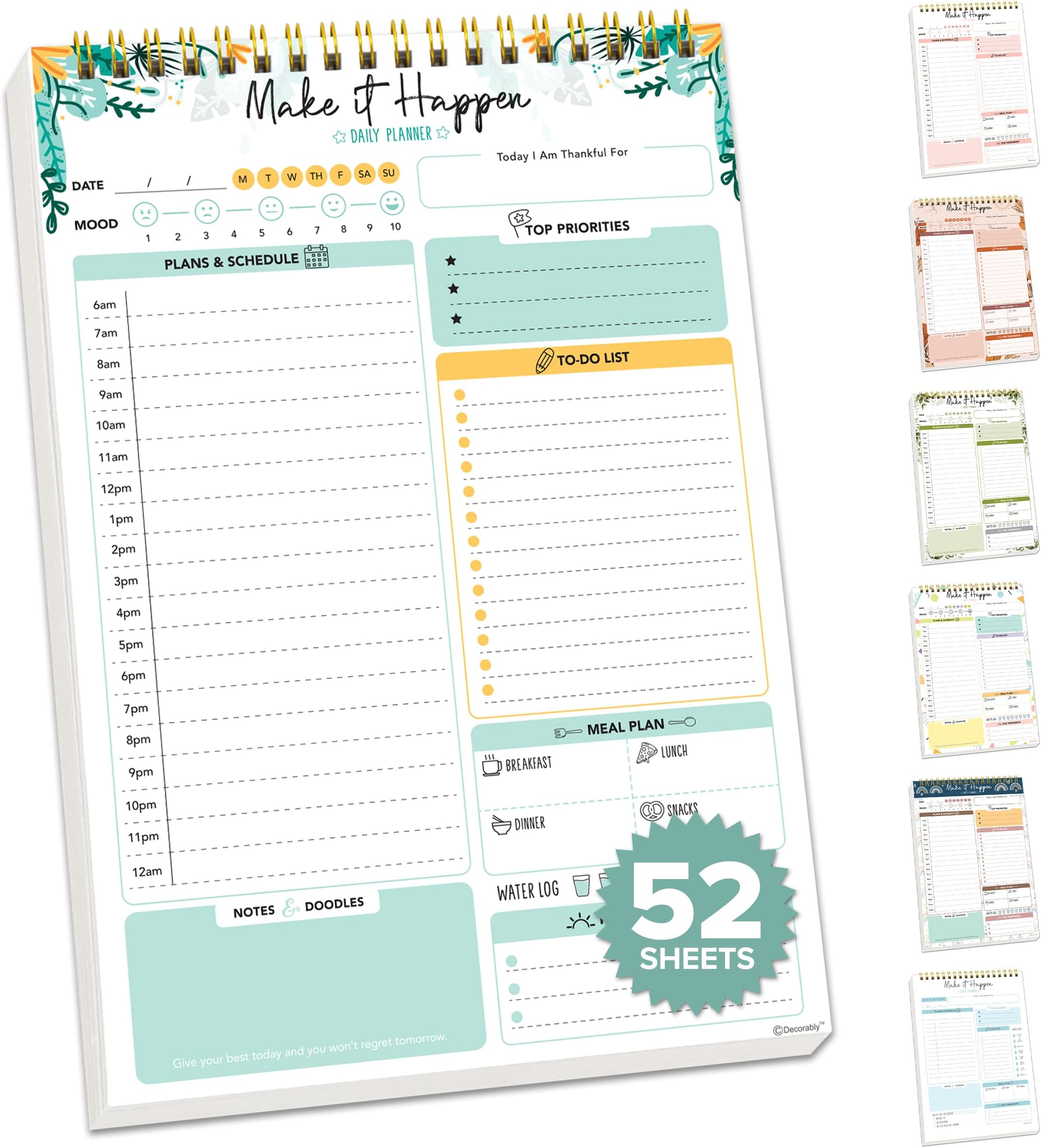 Decorably 52 Sheets Mint Green Undated Daily To Do Notepad, 6.5x10in Spring-Bound Daily Schedule Notepad for Schedule, Priorities, To-Do List, Agenda, Water Intake, Meals, Notes and Doodles