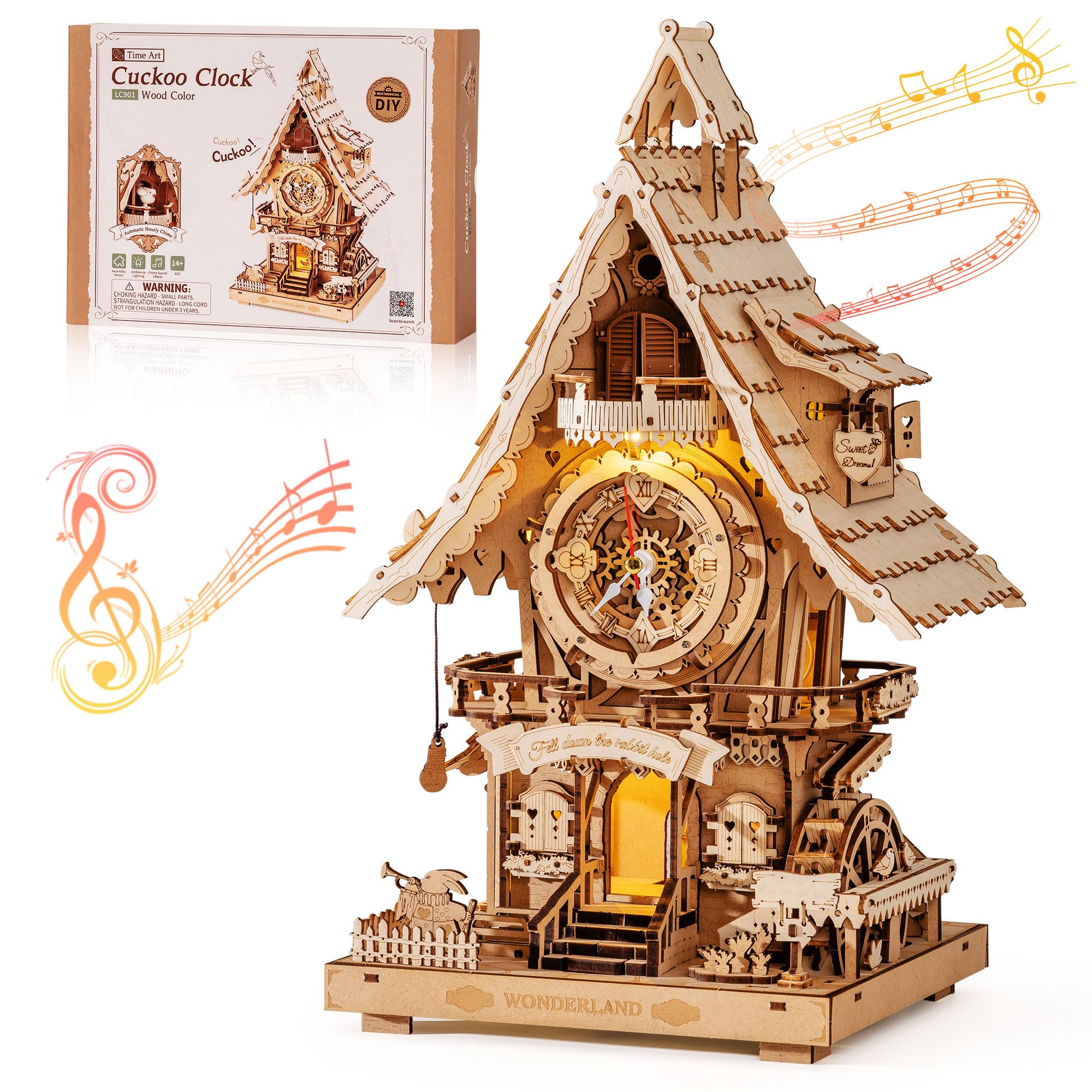 ROBOTIME Puzzle 3D Horloge à Coucou en Bois pour Adultes,Kit de Modèle à Construire,Horloge Fonctionnelle avec Son du Coucou,Décoration Maison,Cadeau pour Adolescents&Adultes,LC901 (Couleur de Bois)