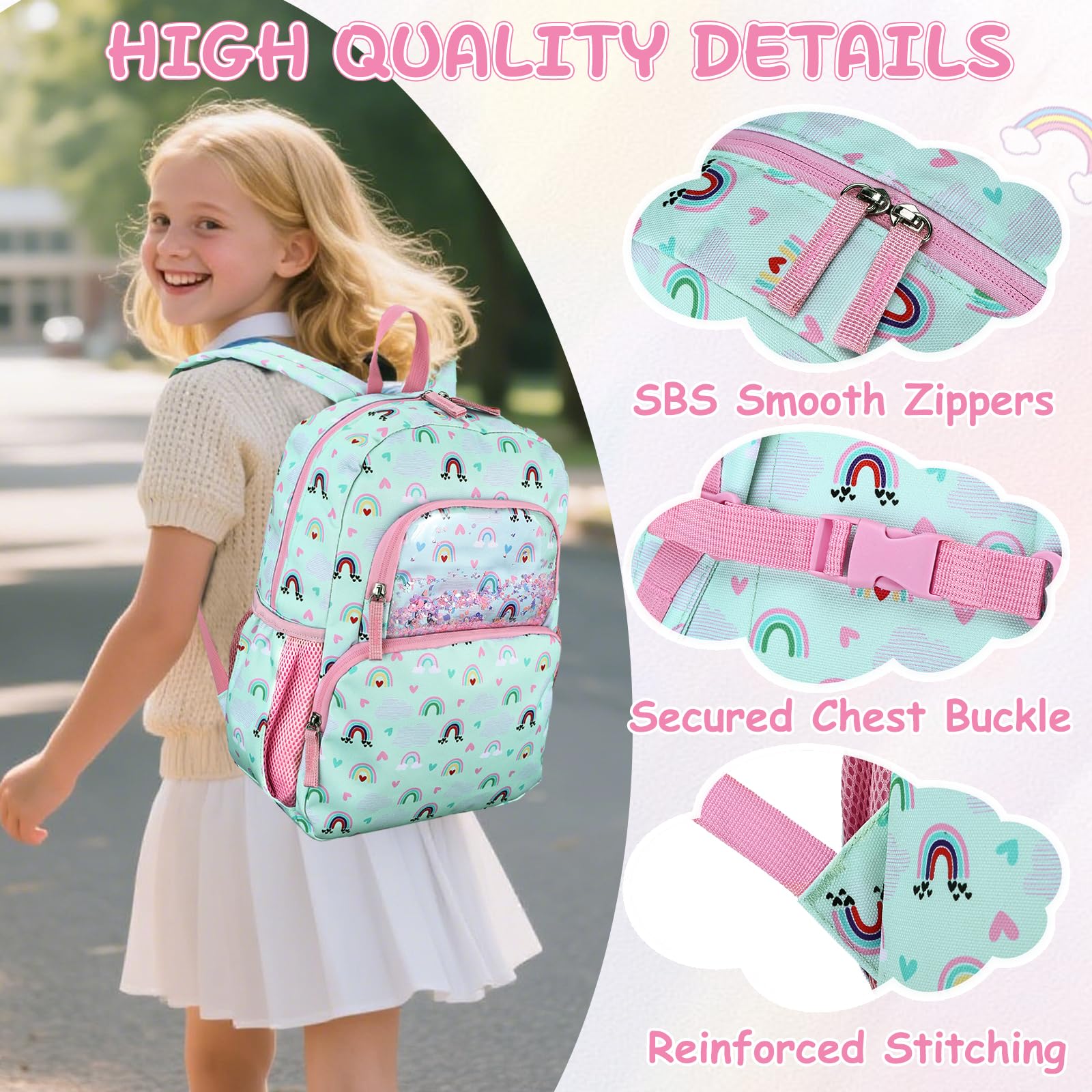 RAVUO Mochila Niña 4-6 Años,12L Mochila Escolar Infantil Impermeable con Correa de Pecho para Guardería y Primaria Arcoíris