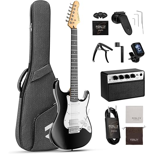 Fesley 39 Inch Electric Guitar: Beginner Electric Guitar Kit with HSS Pickup, Full Size Solid Body Guitar Starter Set with Amplifier, Bag, Strap, String, Cable, Picks, FST100, Black