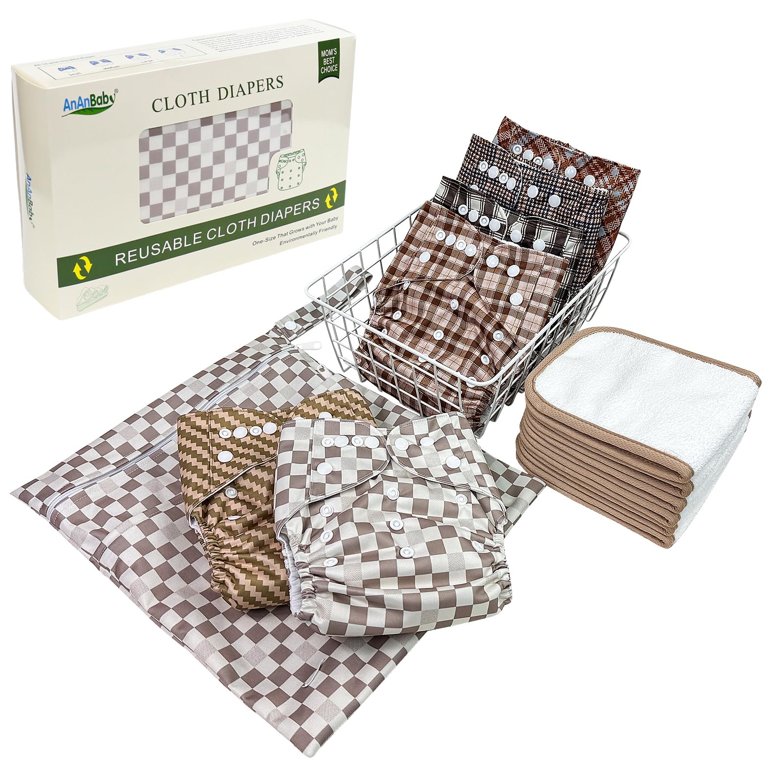 Baby Cloth Diaper One Size Cloth Diaper Covers 6 Pack with 6 Inserts & 1 Wet Bag Adjustable Washable Reusable for Baby Girls and Boys (Brown)