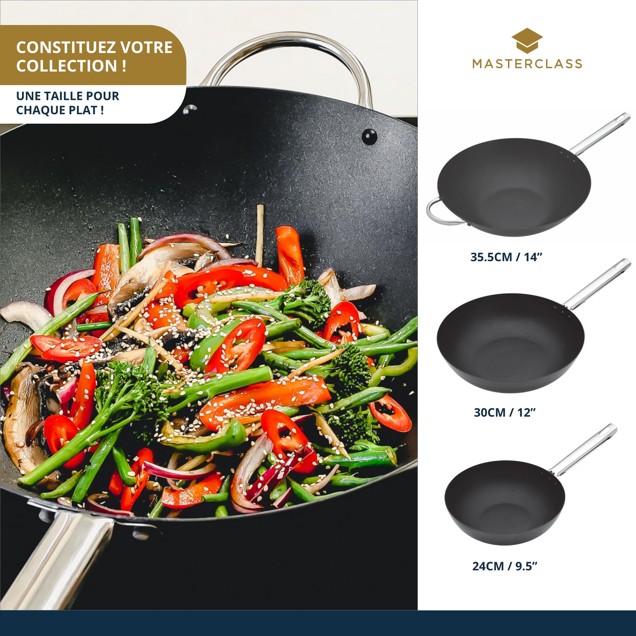 MasterClass Wok Carbon, Antiadhésif, Acier Au Carbone, Poêle Wok De 8 Litres, 35,5 cm (14''), Noir